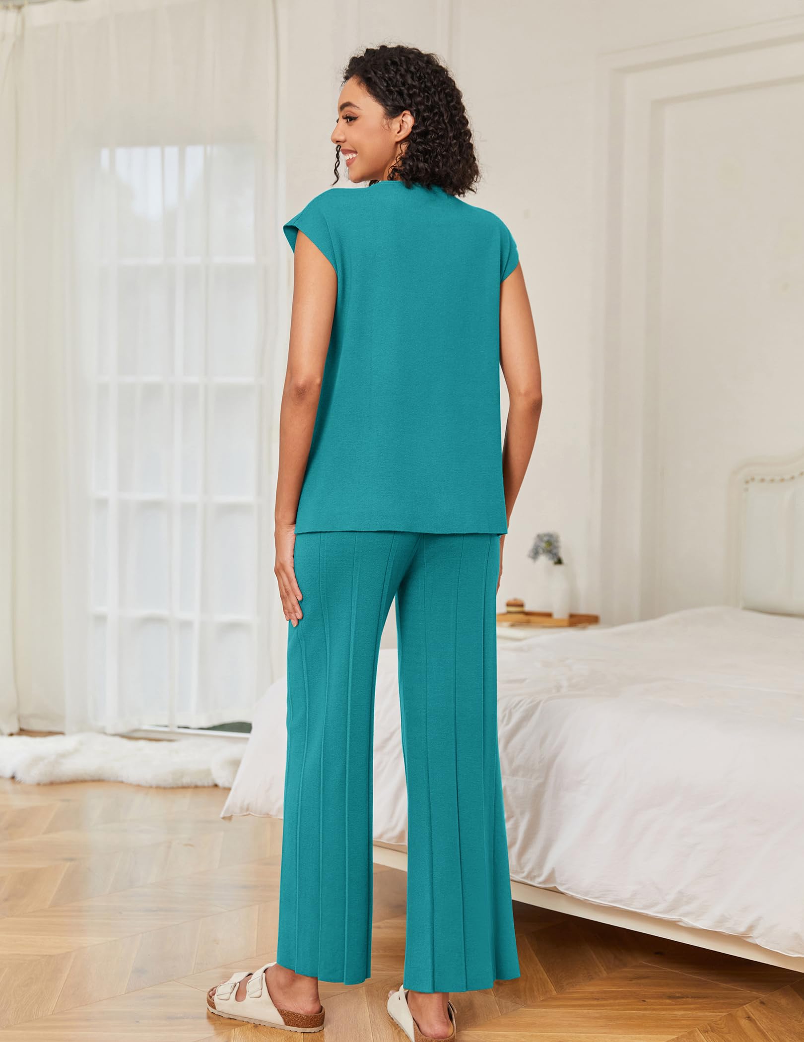 Ekouaer Lounge Sets for Women Two Piece Outfits Knit Cap Sleeve Tops Wide Leg Pleated Pants Casual Dressy Sweater Sets