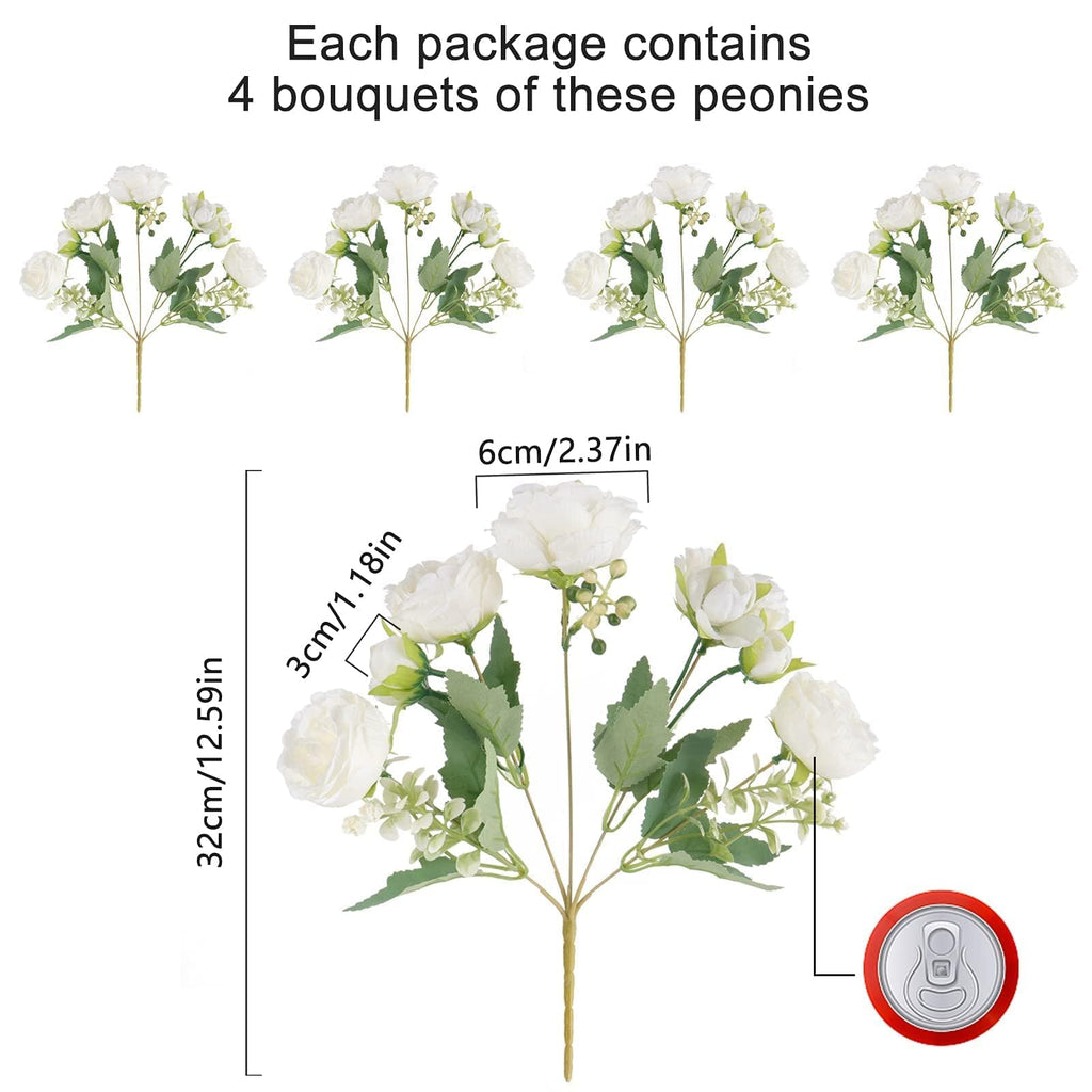 4 Bundles Artificial Peonies Silk Flowers, White Faux Peony Bouquet Florals Arrangements Decor for Farmhouse Home Boho Wedding Table Centerpiece, Fake Plastic Flowers Bulk Vase Decoration (White)