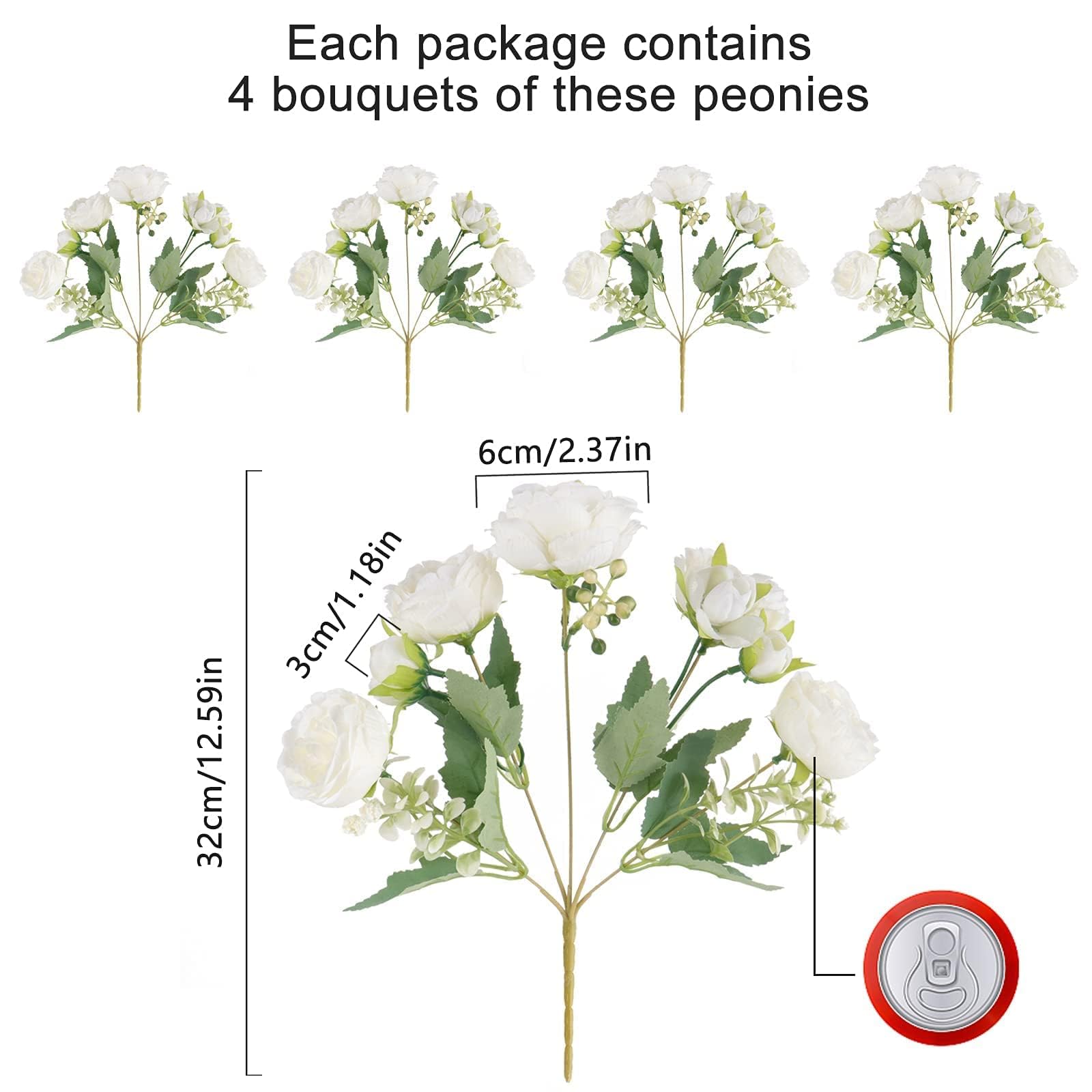 4 Bundles Artificial Peonies Silk Flowers, White Faux Peony Bouquet Florals Arrangements Decor for Farmhouse Home Boho Wedding Table Centerpiece, Fake Plastic Flowers Bulk Vase Decoration (White)