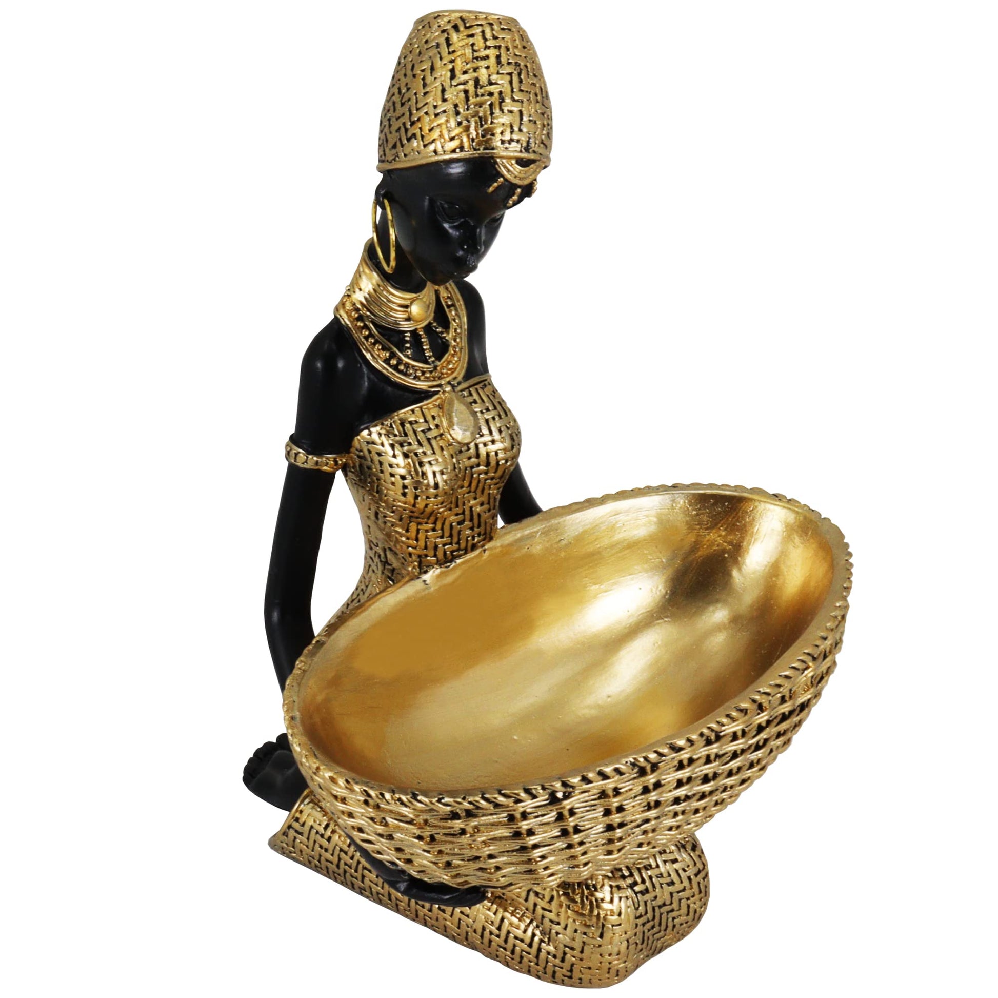 Handmade African Tribal Woman Sculpture - Gold Adorned Seated Figure with Basket, Vintage Resin Statue for Home Decor, Unique Housewarming Gift for Shelf/Table (9.65" H)