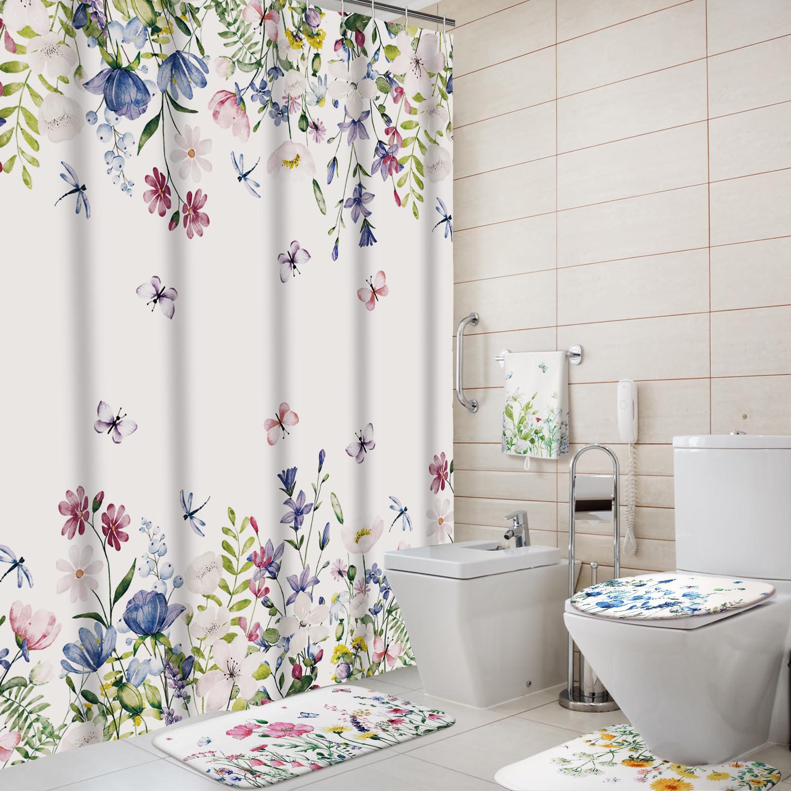 Honoson 8 Pcs Christmas Black Santa Claus Shower Curtain Set with Rugs and Kitchen Towels African American Retro Christmas Bathroom Decor Black Santa Curtain Decorations Xmas Farmhouse Gifts