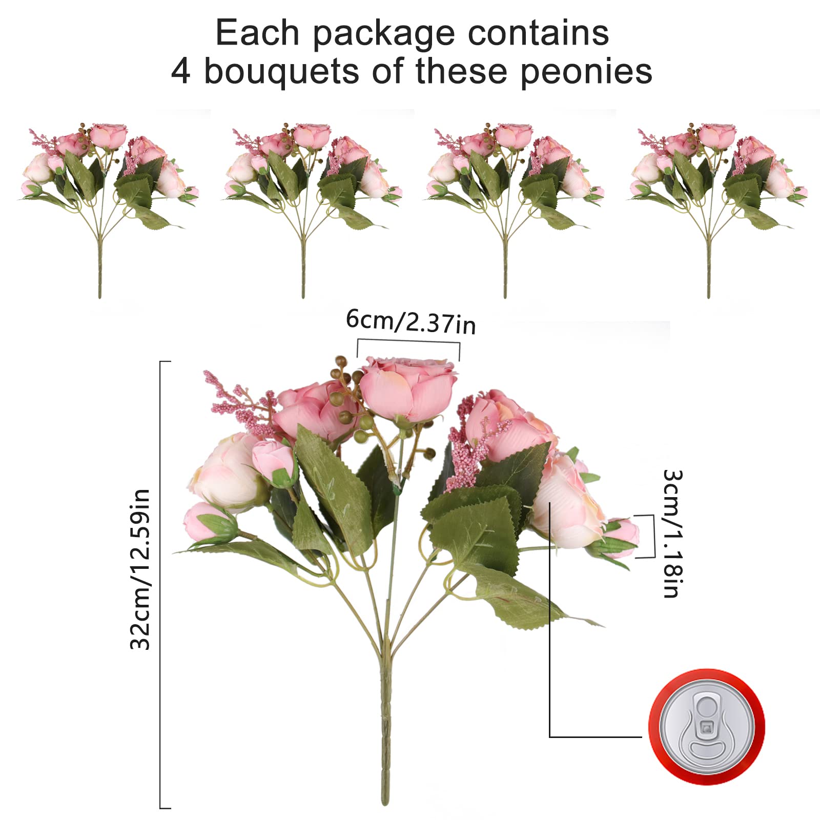 4 Bundles Artificial Peonies Silk Flowers, White Faux Peony Bouquet Florals Arrangements Decor for Farmhouse Home Boho Wedding Table Centerpiece, Fake Plastic Flowers Bulk Vase Decoration (White)