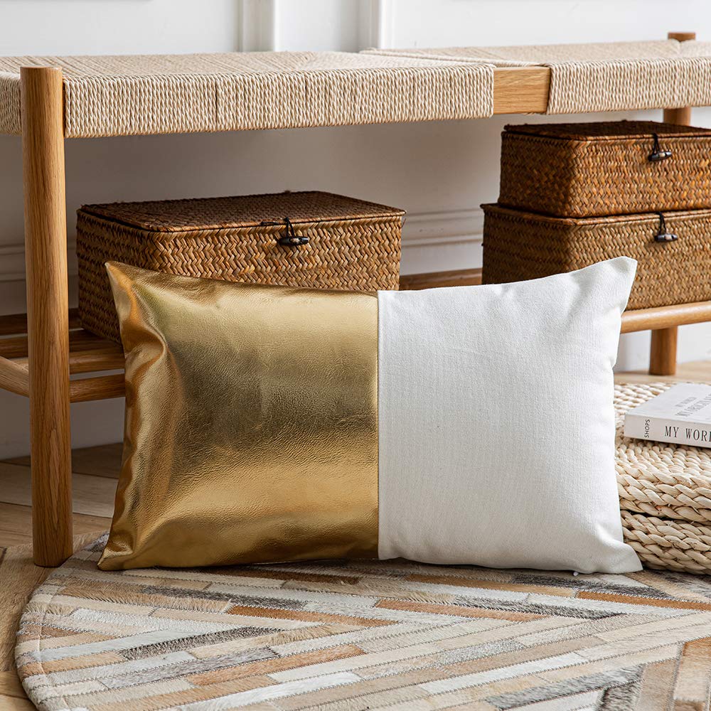 DEZENE Leather Throw Pillow Covers, Set of 2 Modern Leather/Cotton Decorative Pillowcases for Home Decor Bedroom Living Room Couch Bed Sofa, 18x18 Inch, Cognac-Brown and White