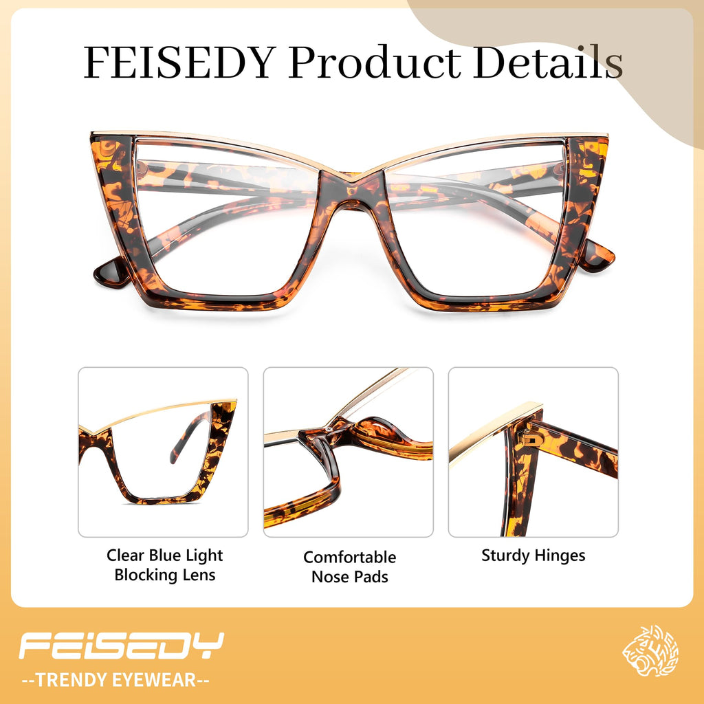 FEISEDY Fashion Cat Eye Blue Light Blocking Glasses for Women Fake Retro Eyeglasses Oversized Stylish Eyewear Frame B0240