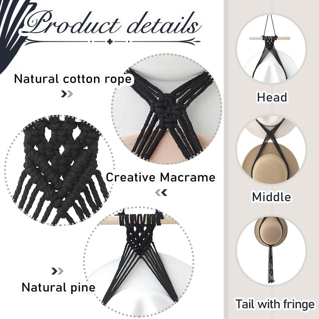 Yulejo Macrame Hat Hangers Boho Hat Rack for Wall Western Cowboy Hanging Organizer for Door Wall Room Bedroom