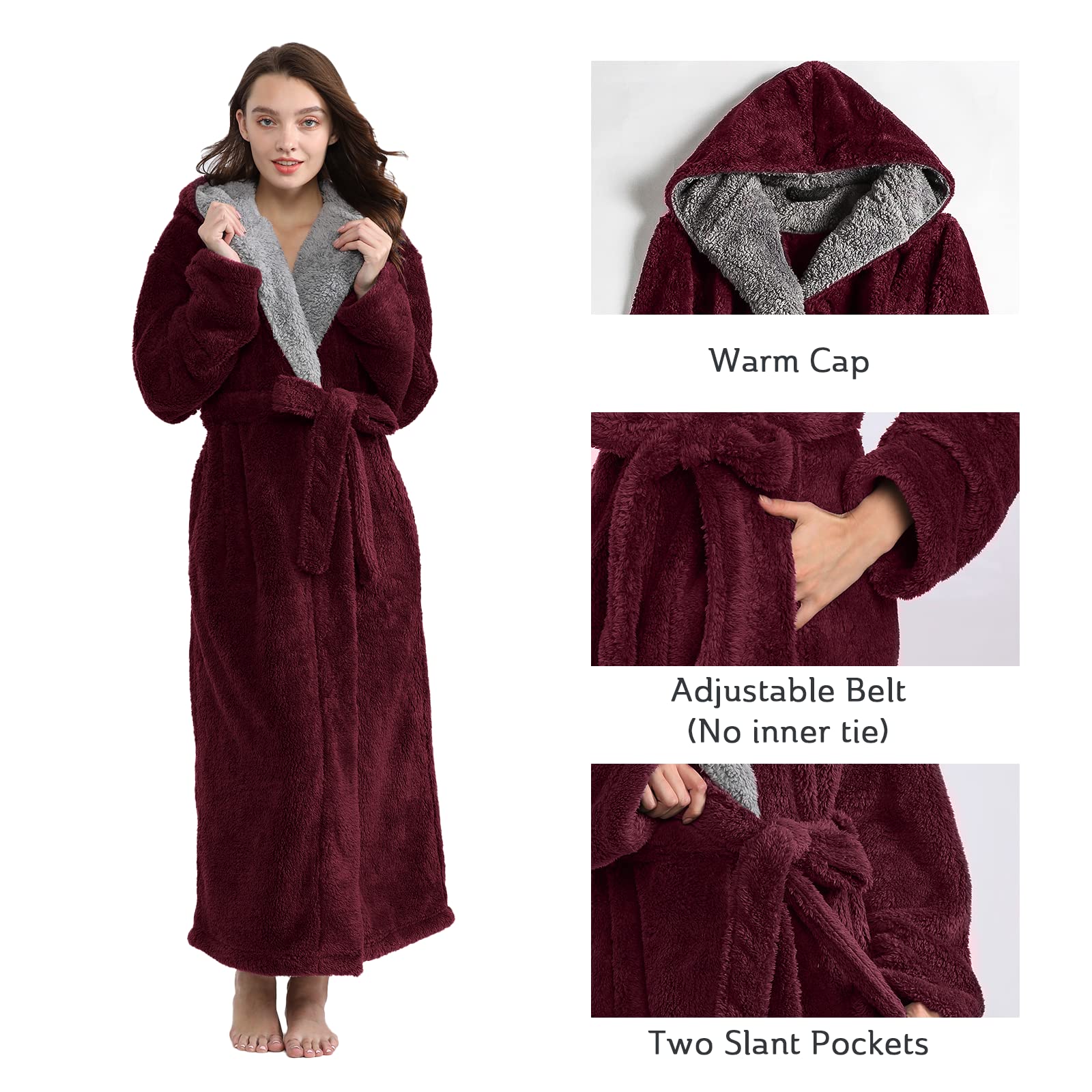 Hellomamma Long Hooded Robe for Women Luxurious Flannel Fleece Full Length Bathrobe Winter Warm Pajamas Shower Nightgown
