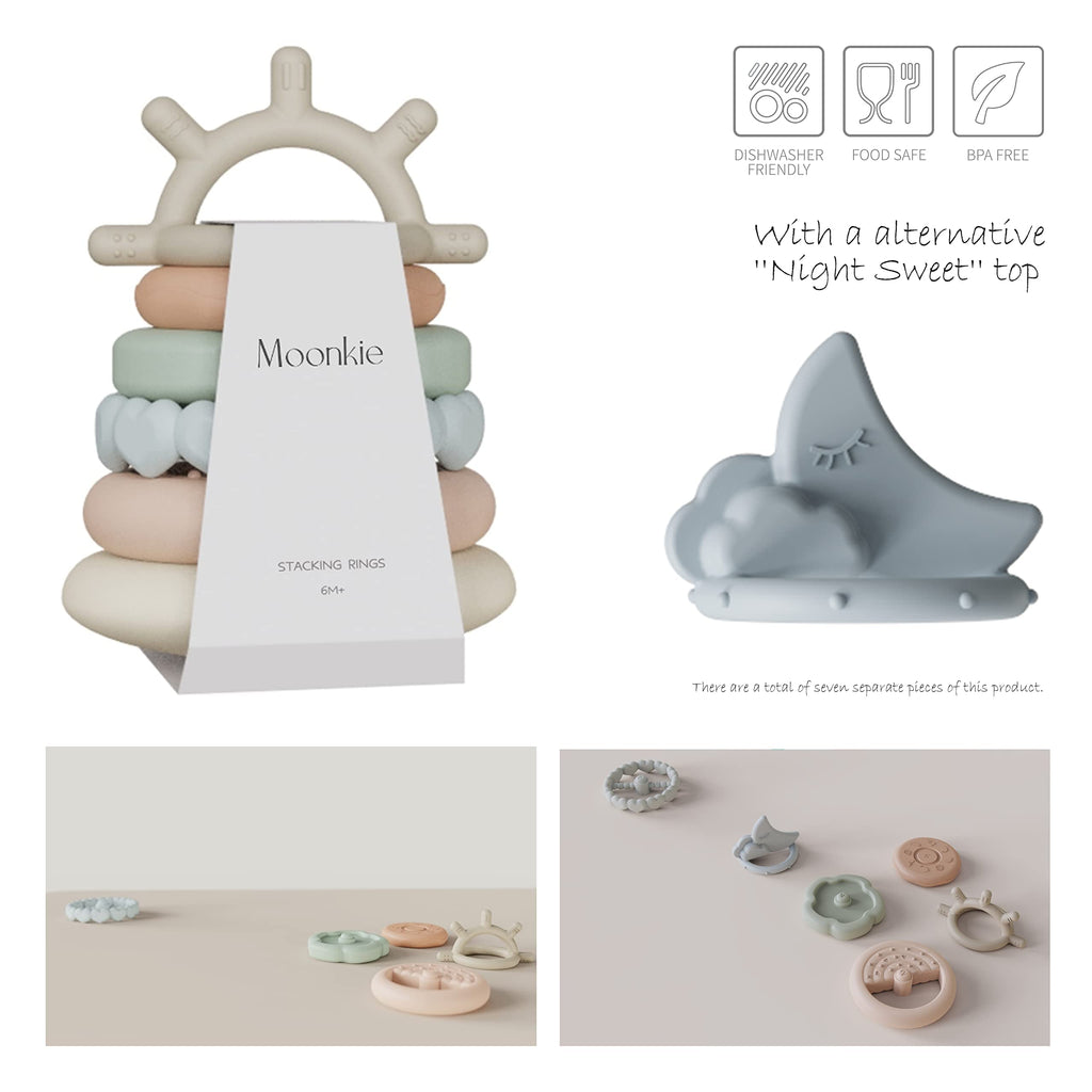 Moonkie Stacks of Circles Soft Teething Toy | Educational Learning Baby Toy | Stacking Ring Toys for Babies Boy and Girl | 7 Piece Teethers Set