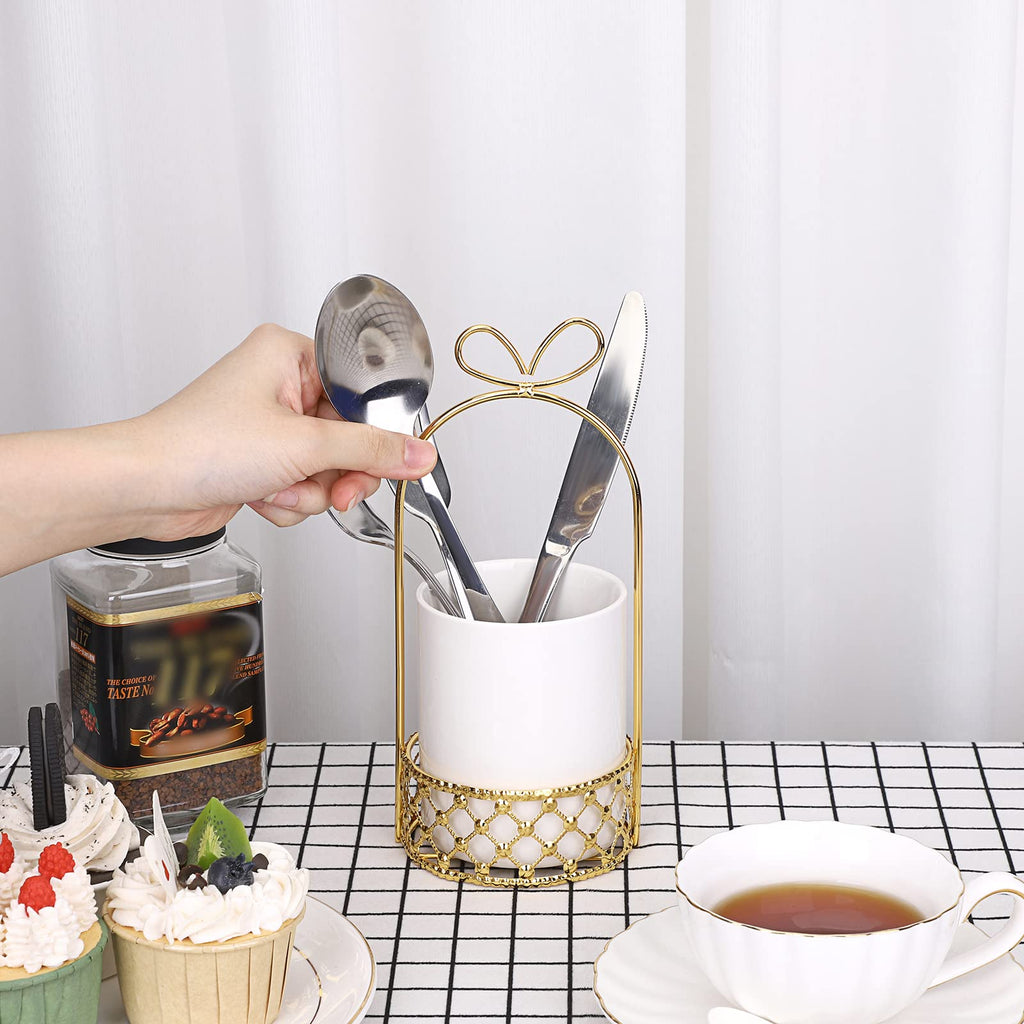 JUXYES Ceramic Silverware Holder For Tabletop, White Cutlery Holder With Golden Metal Bracket, Decorative Flatware Holder Countertop Utensil Holder Organizer for Wedding Kitchen Dining Tables