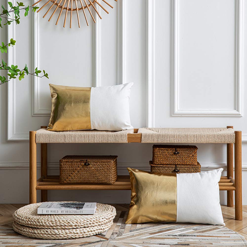 DEZENE Leather Throw Pillow Covers, Set of 2 Modern Leather/Cotton Decorative Pillowcases for Home Decor Bedroom Living Room Couch Bed Sofa, 18x18 Inch, Cognac-Brown and White