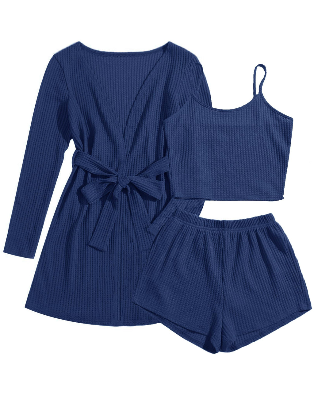 Ekouaer Womens 3 Piece Waffle Knit Lounge Set Soft Pajama Sets Tank Top and Shorts Cardigan with Pockets S-XXL