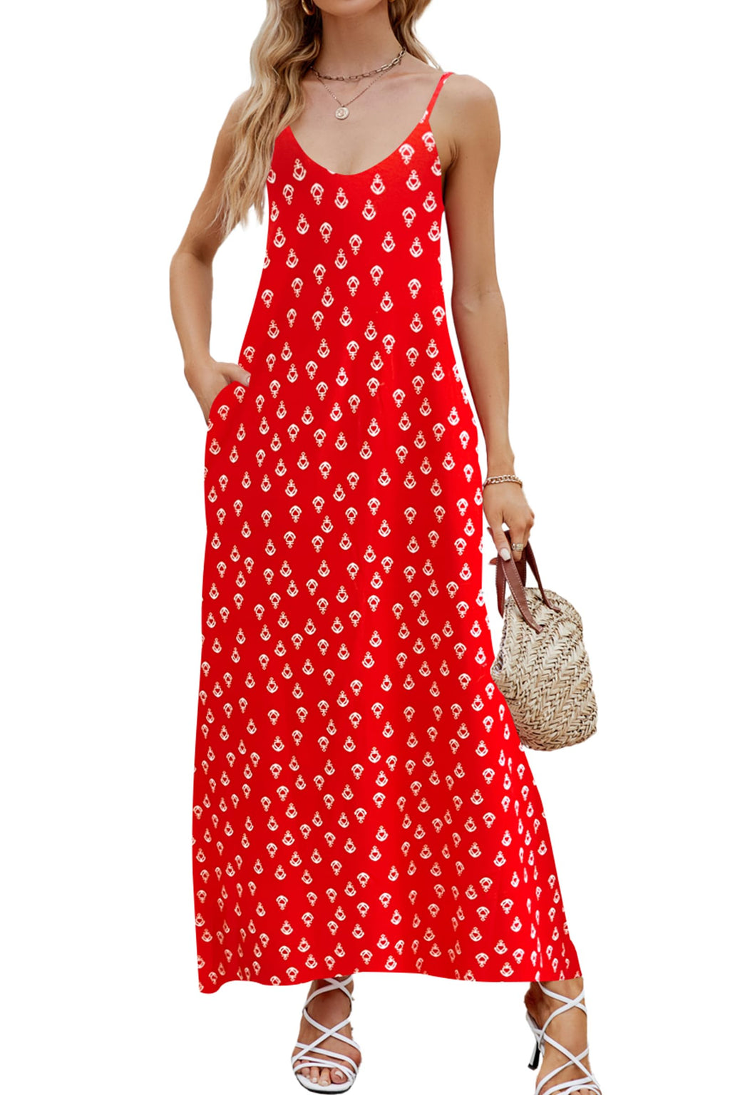 Poetsky Womens Casual Strappy V Neck Sleeveless Flowy Pockets Loose Long Maxi Beach Dress Sundress