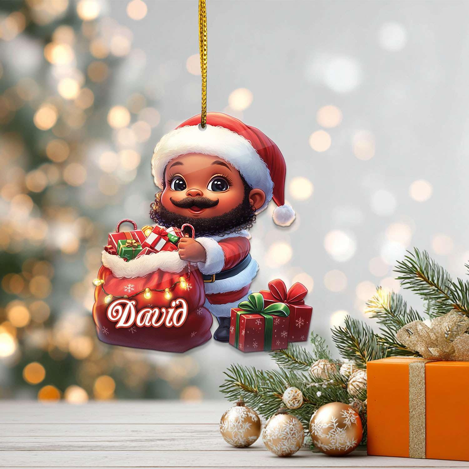 2D Acrylic Christmas Elf Shaped Ornament with Gift Box, Personalized Name Holiday Keepsake, Cute Ornament for Kids Room, Custom Name African-Inspired Decoration, Gifts for Boys
