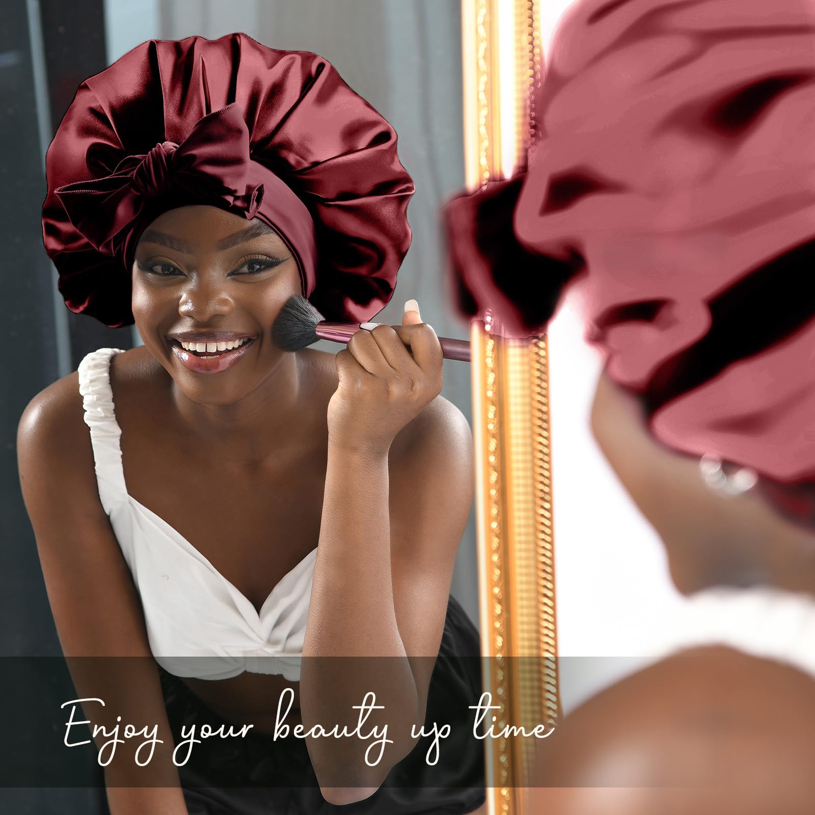 YANIBEST Silk Bonnet for Sleeping Women Satin Bonnet Double Layer Satin Lined Hair Bonnet with Tie Band Curly Hair Blush Pink