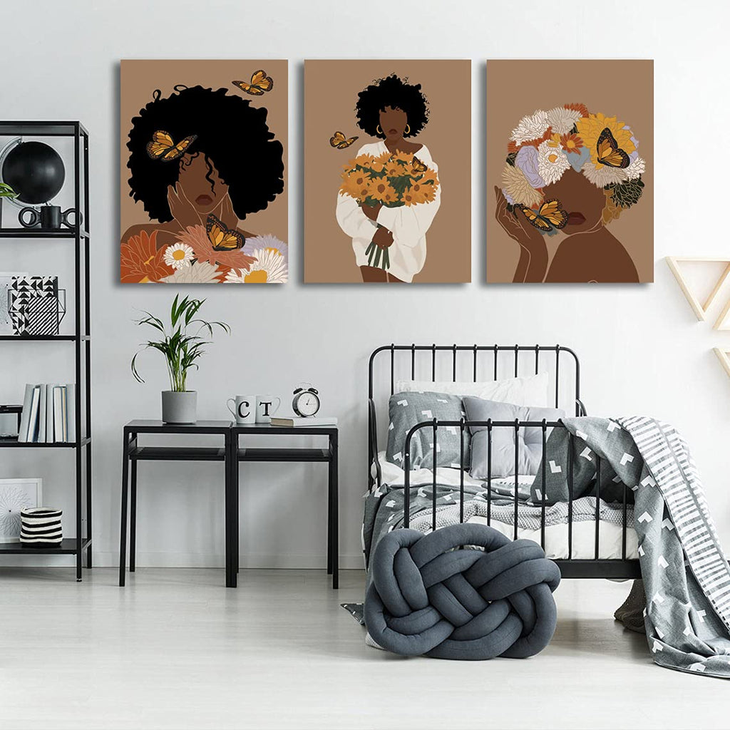Framed Abstract African American Black Woman Canvas Wall Art, Boho Fashion Flower Art print, Black Women Bedroom Home Decor, Black Girl Poster