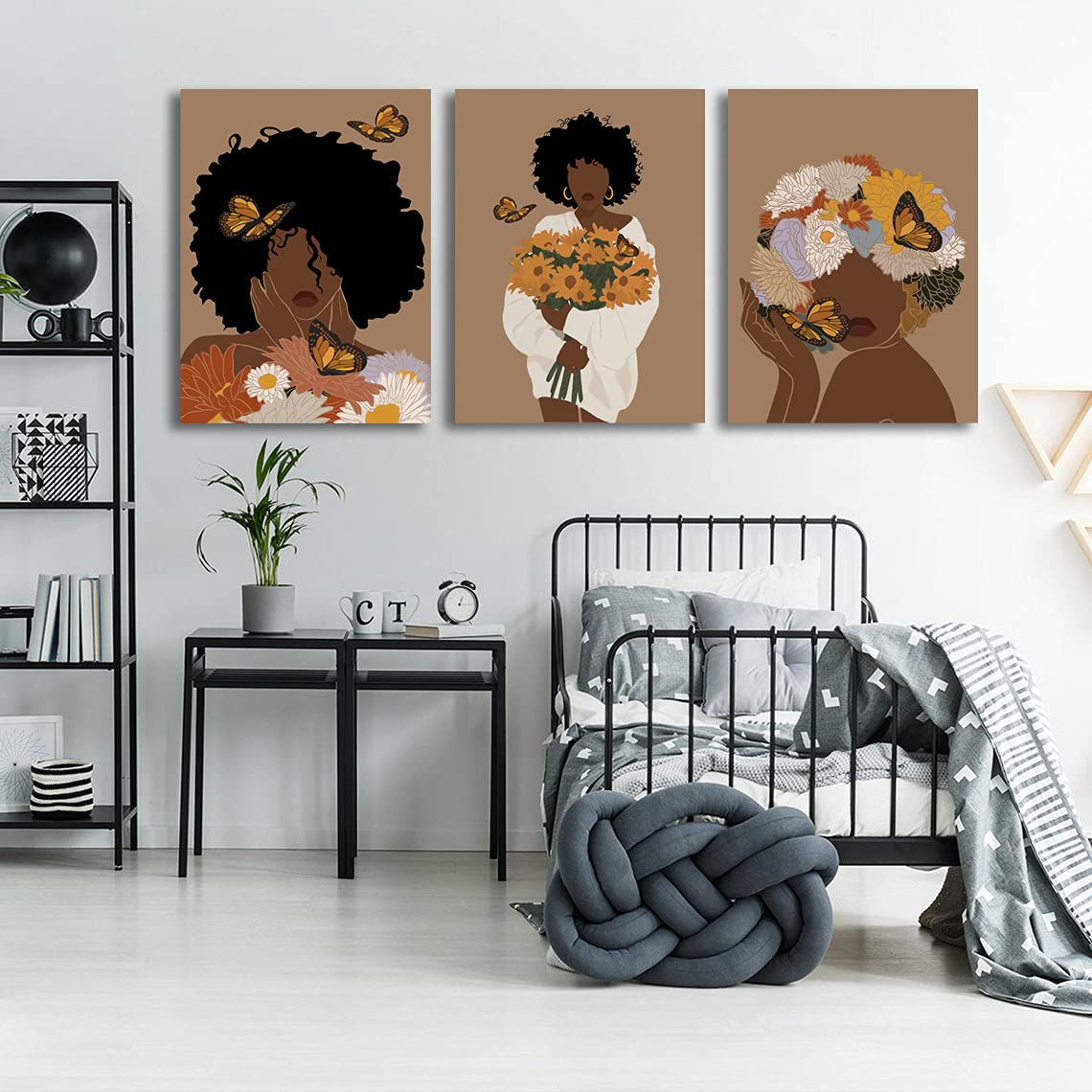 Framed Abstract African American Black Woman Canvas Wall Art, Boho Fashion Flower Art print, Black Women Bedroom Home Decor, Black Girl Poster
