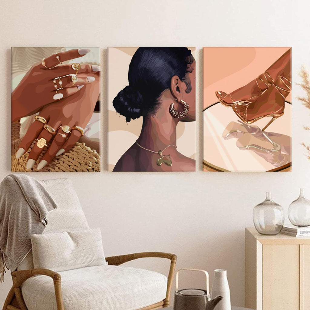 Framed Black Girl Wall Art Set of 3, Black Woman with Floral Pictures Wall Decor Paintings, Fashion African American Female Canvas Prints Home Decor for Living Room Bedroom Office 16x24 inch