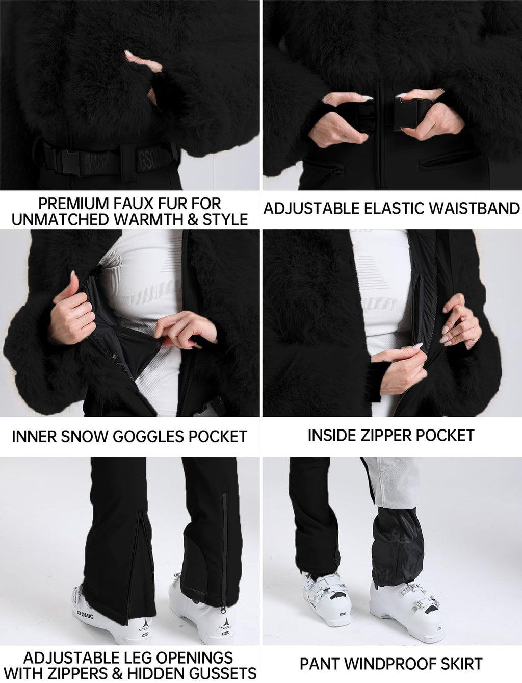 GSOU SNOW Women Ski Suit One Piece Snowsuit Snowboard Faux Fur Collar Slim Jumpsuit Jacket Insulated Windproof Outdoor Winter