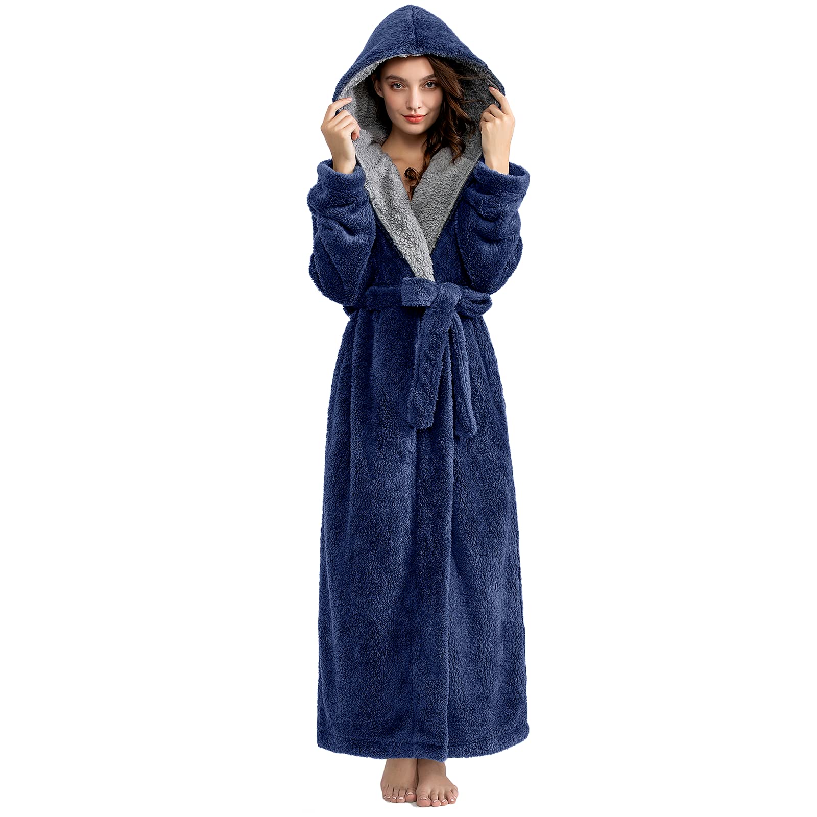 Hellomamma Long Hooded Robe for Women Luxurious Flannel Fleece Full Length Bathrobe Winter Warm Pajamas Shower Nightgown