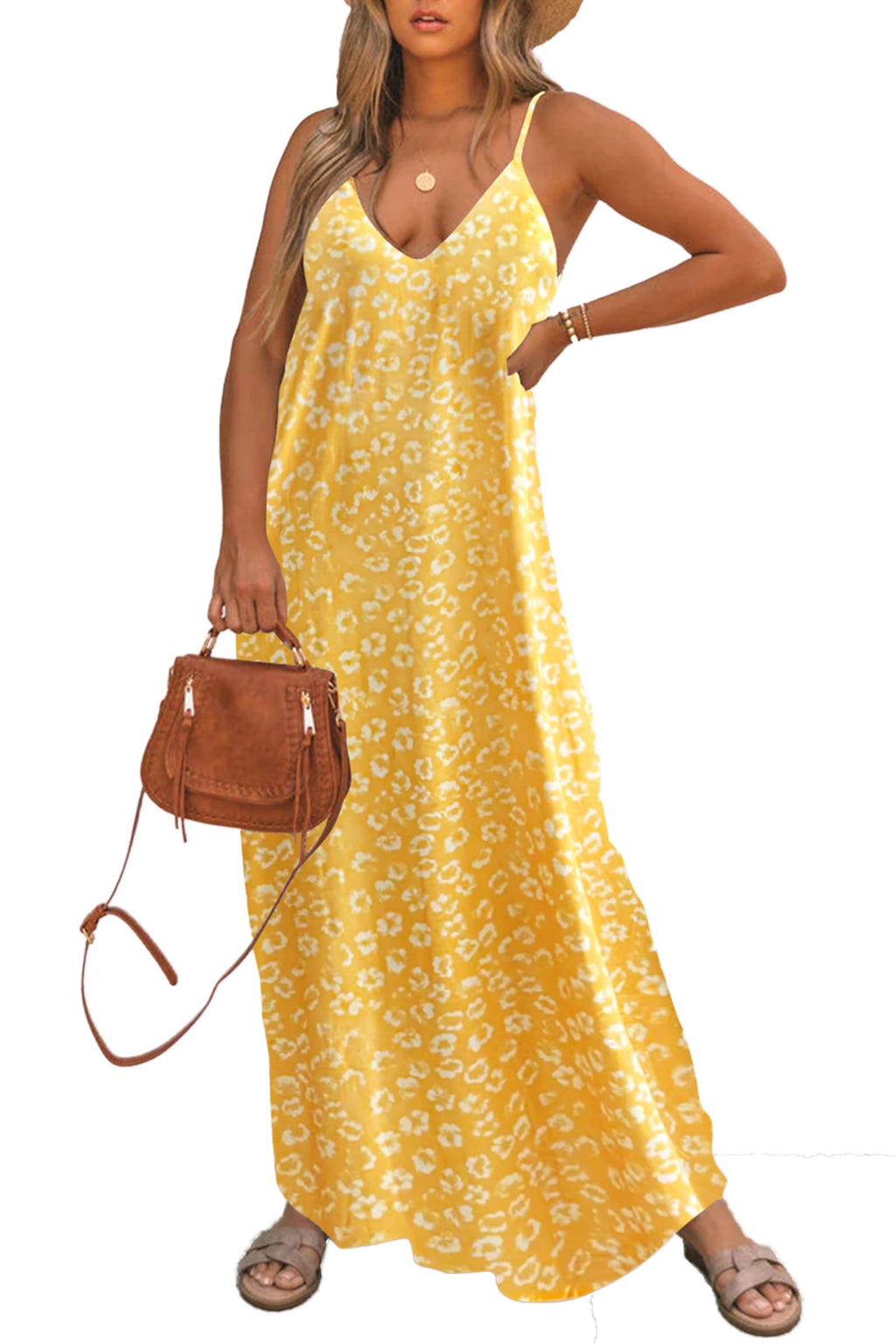 Poetsky Womens Casual Strappy V Neck Sleeveless Flowy Pockets Loose Long Maxi Beach Dress Sundress