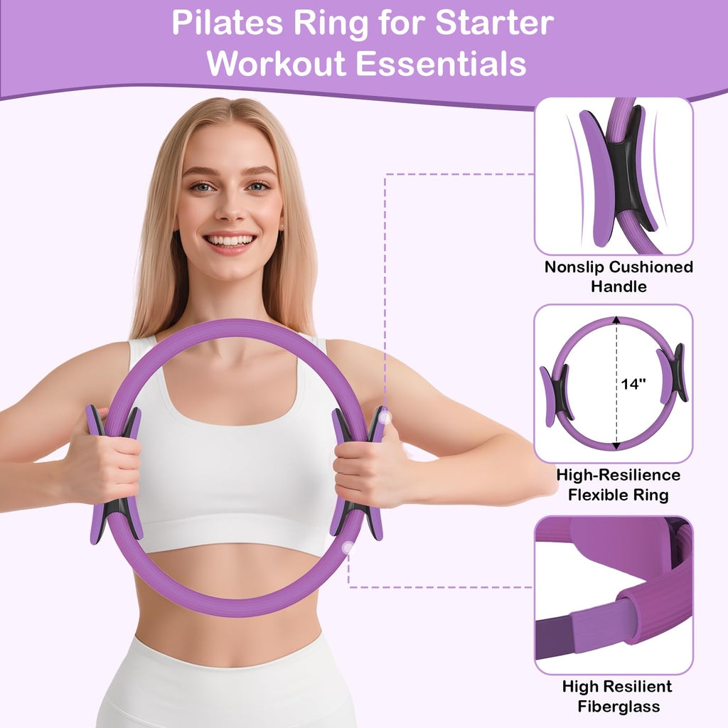 Hoedia 17 PCS Pilates Kit for Women, Pilates Equipment Ring and Ball Set with Resistance Bands, Yoga Strap, Core Sliders, Socks, Bag & Guide for Starter Home Workout Fitness Gym Essentials