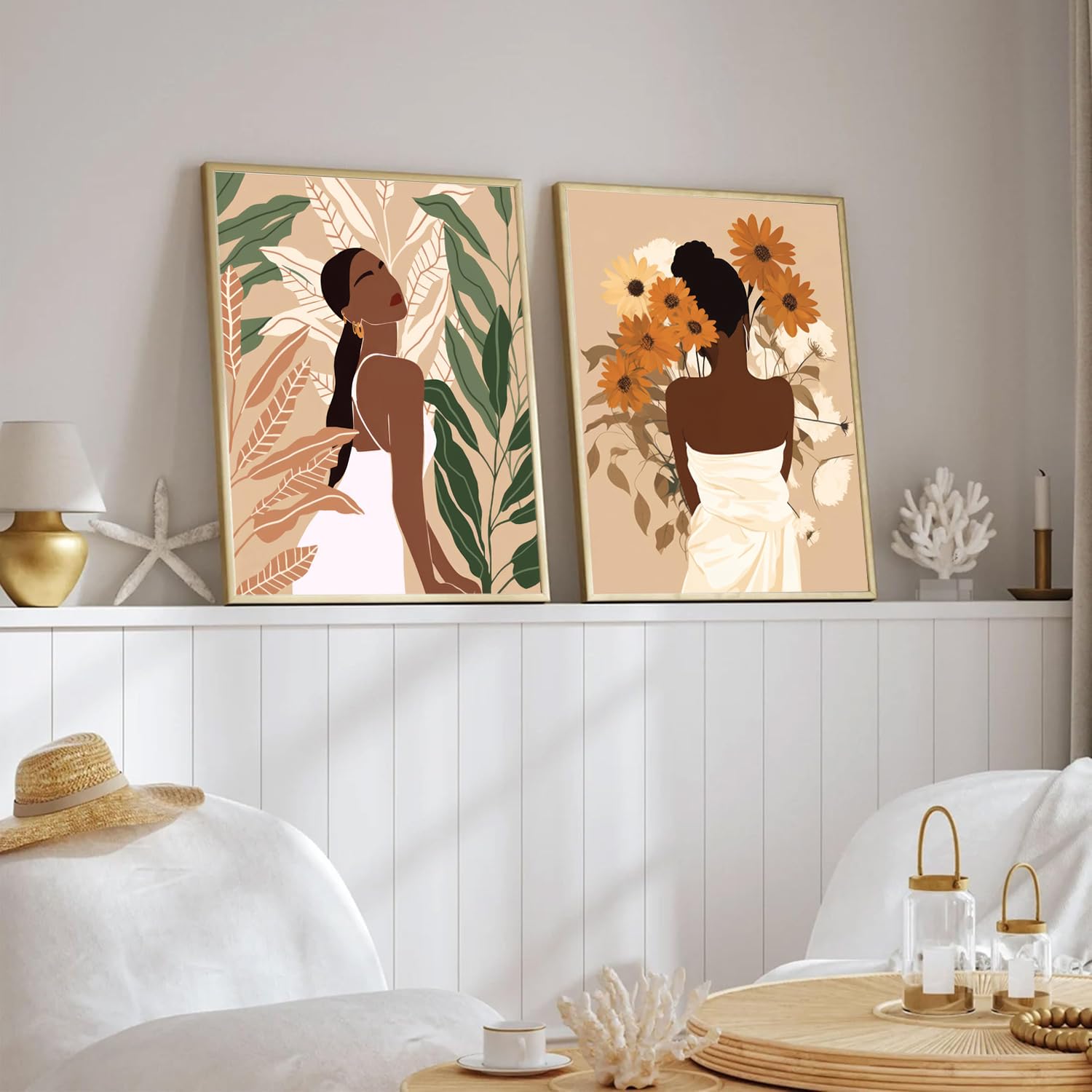 Framed Black Girl Wall Art Set of 3, Black Woman with Floral Pictures Wall Decor Paintings, Fashion African American Female Canvas Prints Home Decor for Living Room Bedroom Office 16x24 inch
