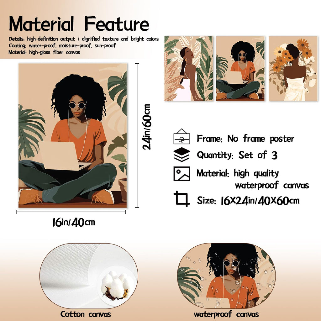 Framed Black Girl Wall Art Set of 3, Black Woman with Floral Pictures Wall Decor Paintings, Fashion African American Female Canvas Prints Home Decor for Living Room Bedroom Office 16x24 inch