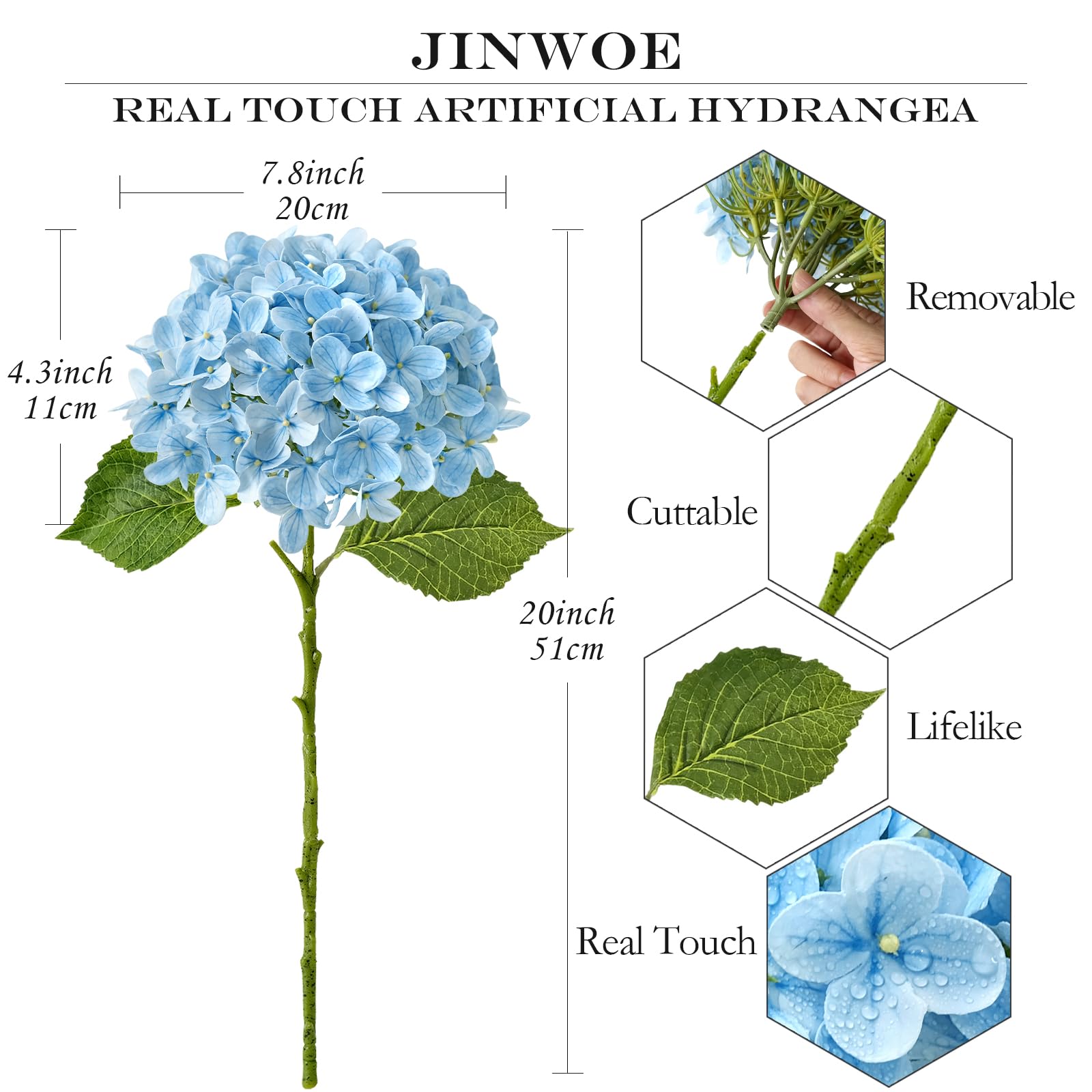 Light Blue Hydrangea Artificial Flowers,4Pcs 20" Real Touch Lifelike Silk Artificial Hydrangeas, Full Fake Flowers for Bouquet Table Centerpieces Spring Wedding Indoor Home