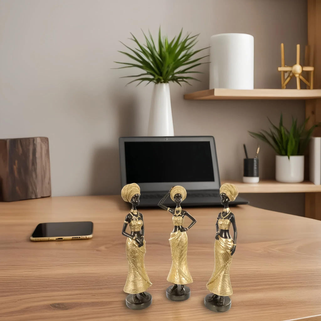 Set of 3 Resin African Woman Statues – Elegant Tribal Figurines in Gold Dresses, Afrocentric Home Decor Sculptures for Living Room, Bookshelf, Gift