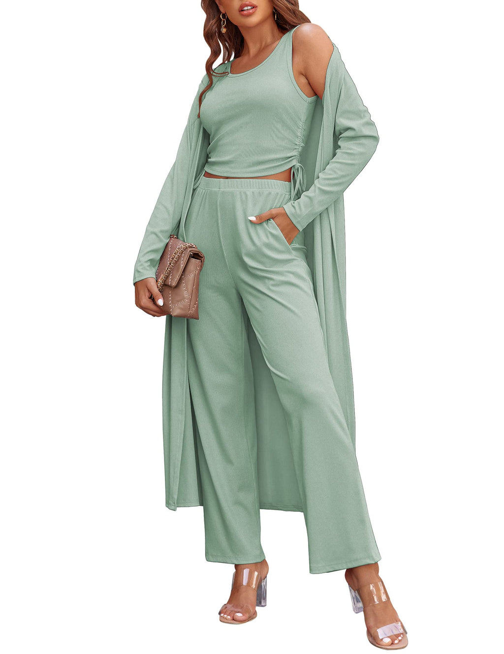 Ekouaer Women's 3 Piece Knit Lounge Set Pajama Long Sleeve Cardigan Sleeveless Top Pants Sweatsuit S-XXL