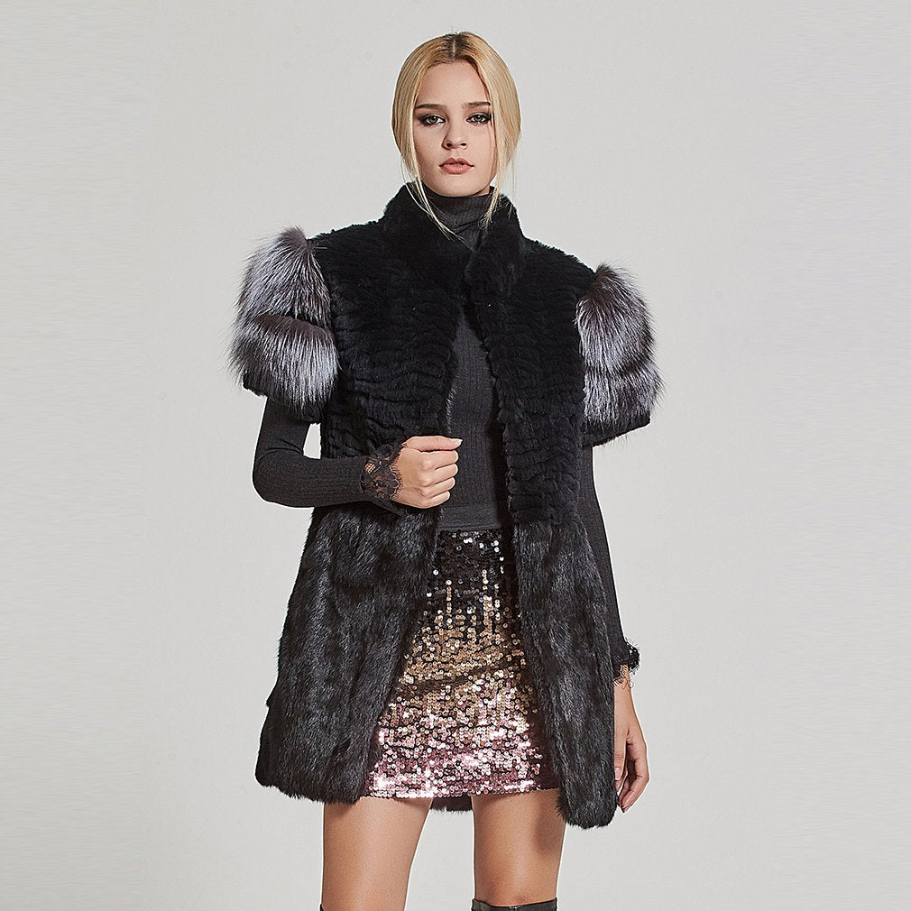 Fur Story Women's Genuine Rabbit Fur Coat With Fox Fur Cuffs Warm Winter Coat Black Long Jacket