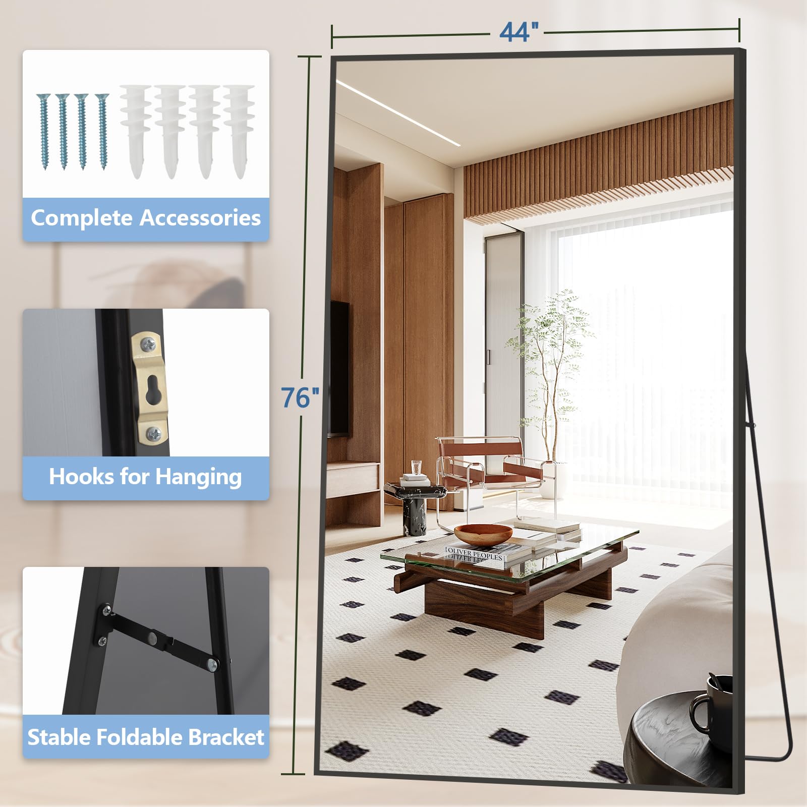 Oversized Floor Mirror Full Length with Stand, 72"X44" Extra Large Arch Standing Mirror Full Length, Tempered Glass Black Full Body Mirror for Bedroom Living Room, Aluminum Alloy Frame