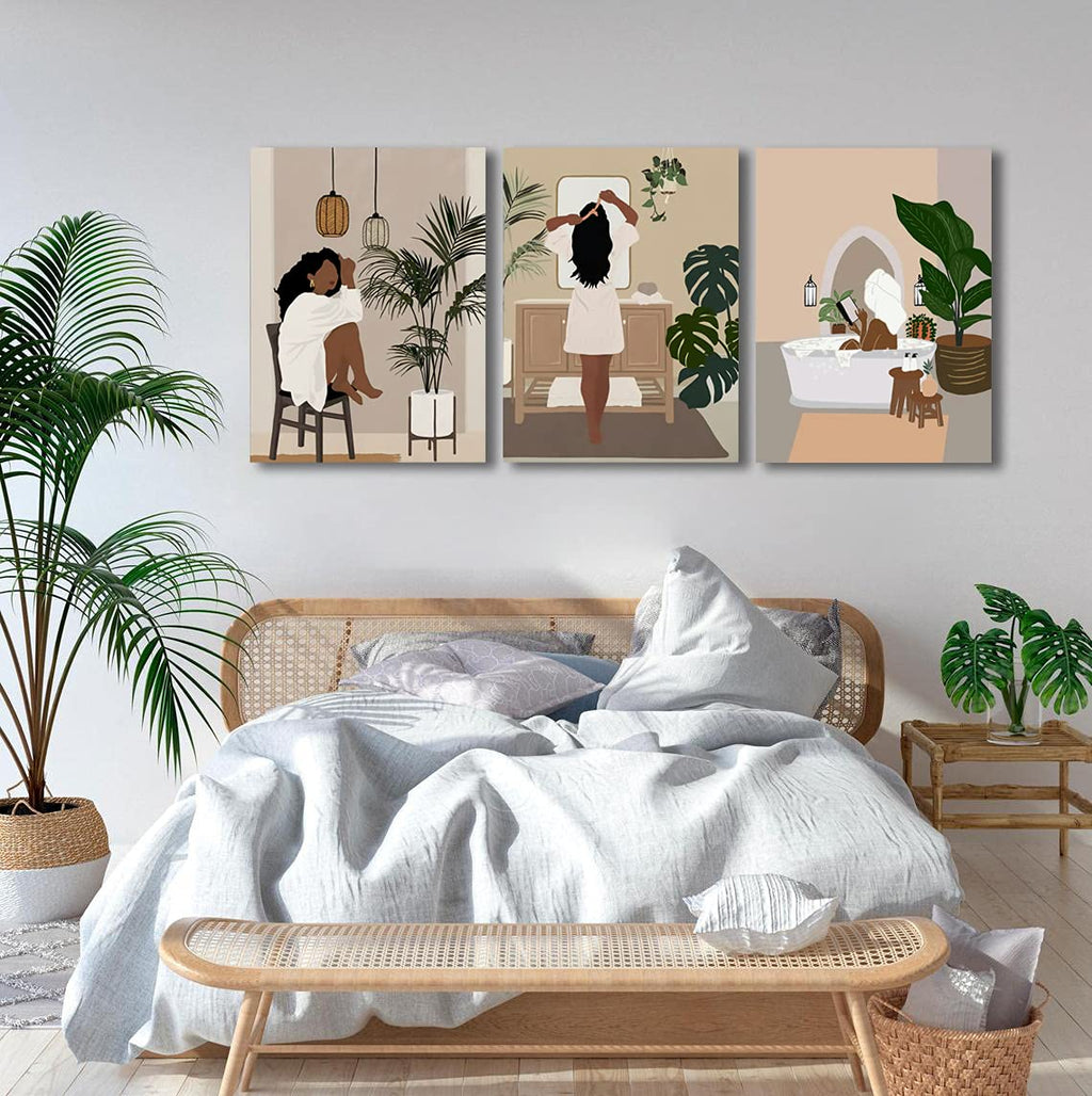 Framed Abstract African American Black Woman Canvas Wall Art, Boho Fashion Flower Art print, Black Women Bedroom Home Decor, Black Girl Poster