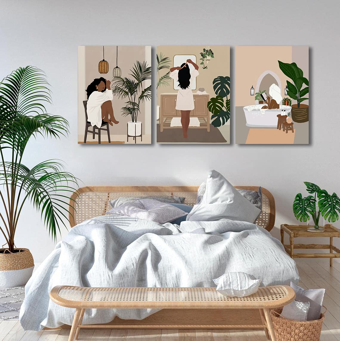 Framed Abstract African American Black Woman Canvas Wall Art, Boho Fashion Flower Art print, Black Women Bedroom Home Decor, Black Girl Poster