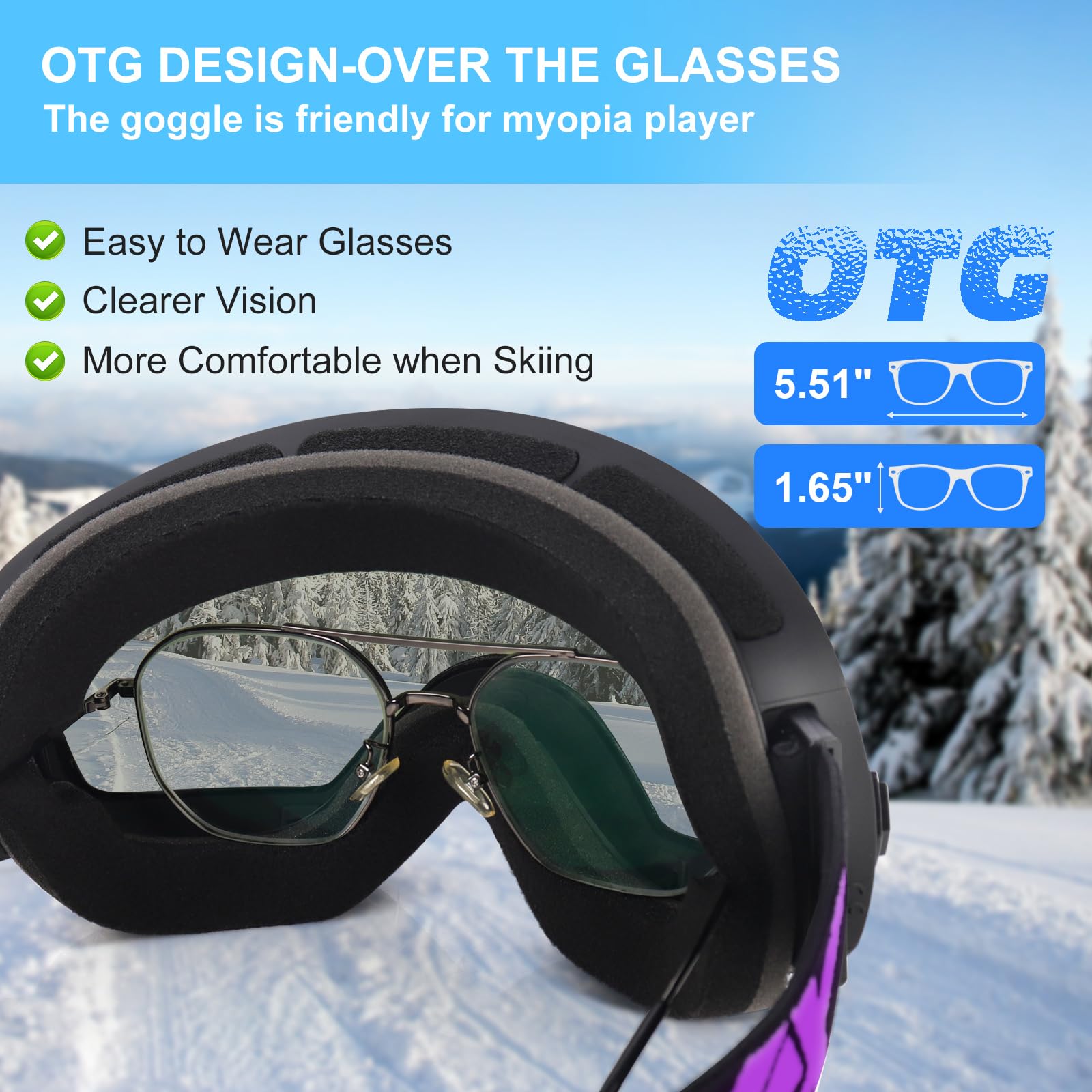 EXP VISION Snowboard Ski Goggles Men Women Youth, Anti Fog OTG Winter Snow Goggles Spherical Detachable Lens