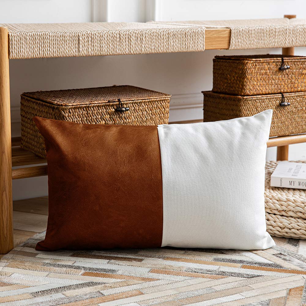 DEZENE Leather Throw Pillow Covers, Set of 2 Modern Leather/Cotton Decorative Pillowcases for Home Decor Bedroom Living Room Couch Bed Sofa, 18x18 Inch, Cognac-Brown and White