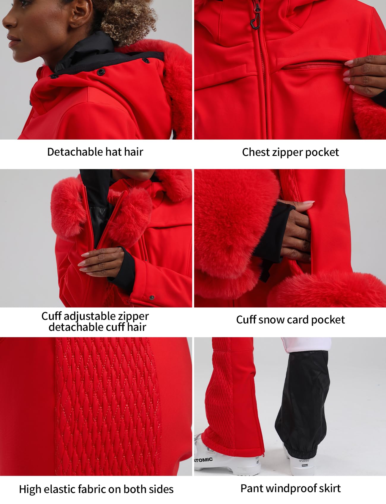 GSOU SNOW Ski Suit Womens One Piece Snowsuit Snowboard Jacket Slim Snow Jumpsuit Faux Fur Ski Outfit Waterproof Windproof