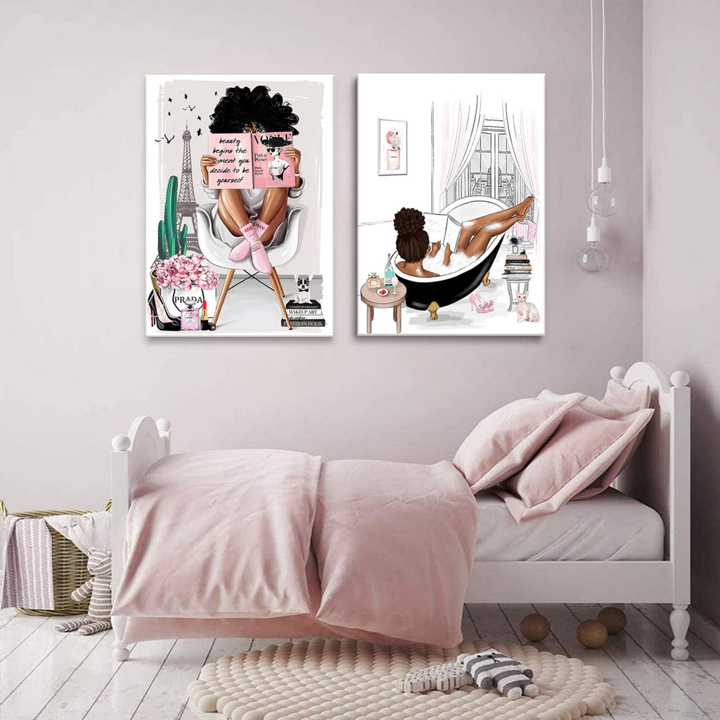 2 Pieces Framed African American Wall Art Modern Fashion Paris Pink White Afro Black Girls Women Canvas Wall Decor Pictures Posters Prints Artwork for Bathroom Living Room Bedroom Home Decoration