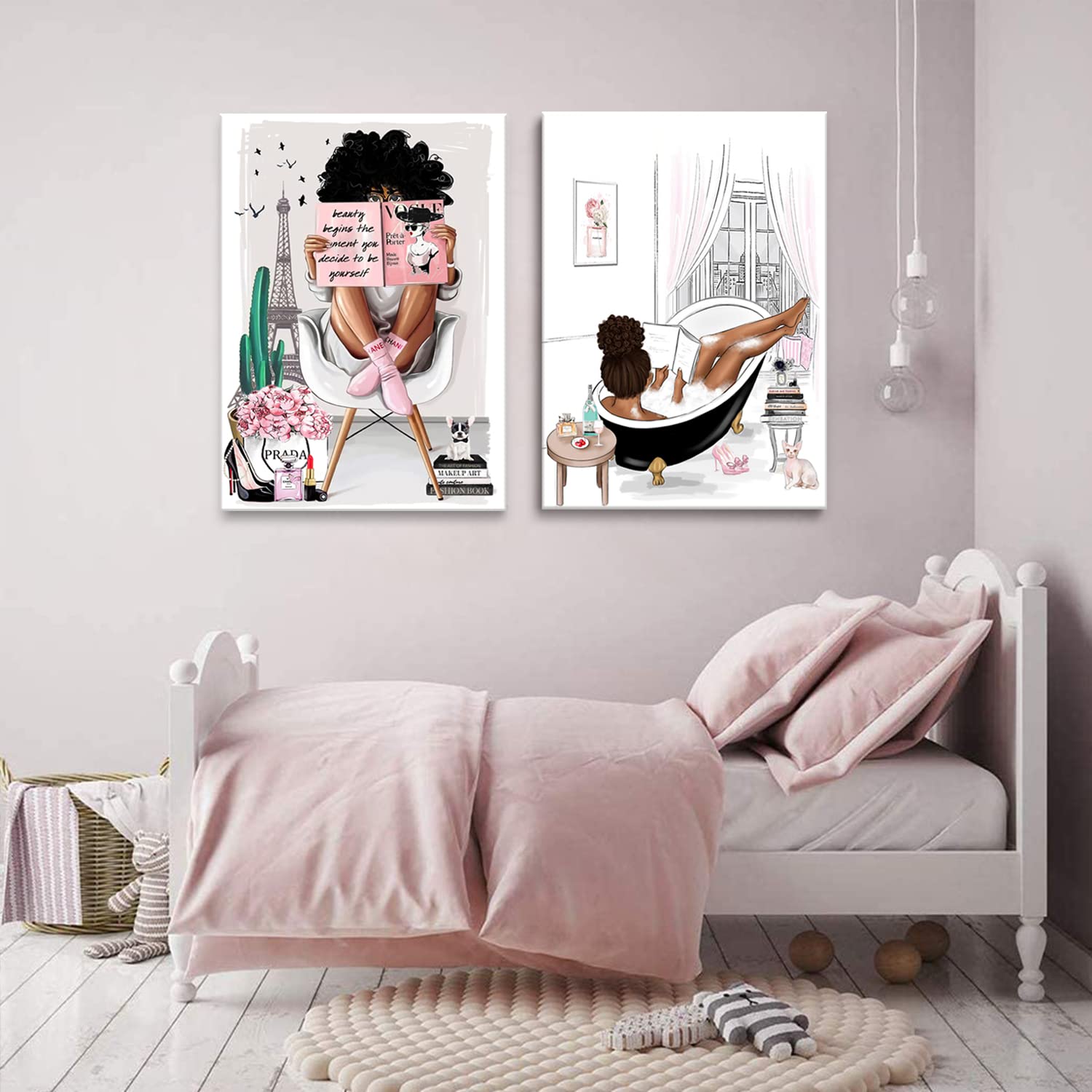 2 Pieces Framed African American Wall Art Modern Fashion Paris Pink White Afro Black Girls Women Canvas Wall Decor Pictures Posters Prints Artwork for Bathroom Living Room Bedroom Home Decoration