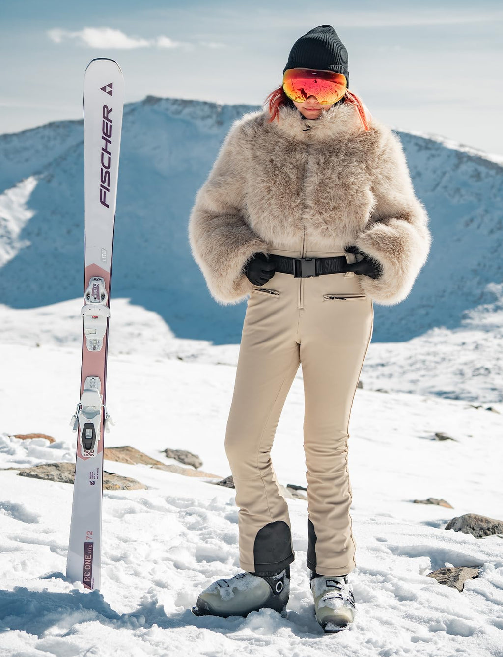 GSOU SNOW Women Ski Suit One Piece Snowsuit Snowboard Faux Fur Collar Slim Jumpsuit Jacket Insulated Windproof Outdoor Winter