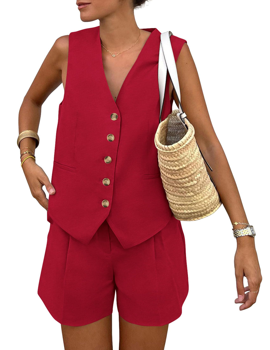 PRETTYGARDEN Women's Summer 2 Piece Outfits Sleeveless Matching Sets Button Down V Neck Vest Waistcoat and Pockets Shorts