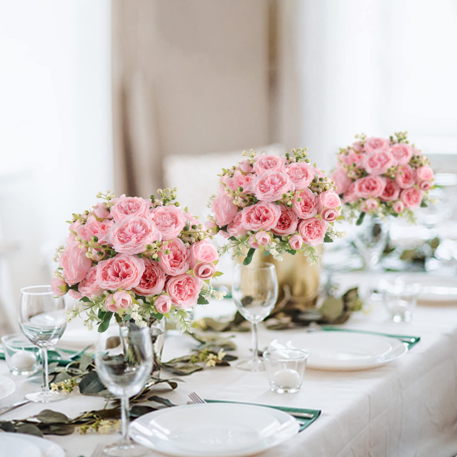 4 Bundles Artificial Peonies Silk Flowers, White Faux Peony Bouquet Florals Arrangements Decor for Farmhouse Home Boho Wedding Table Centerpiece, Fake Plastic Flowers Bulk Vase Decoration (White)