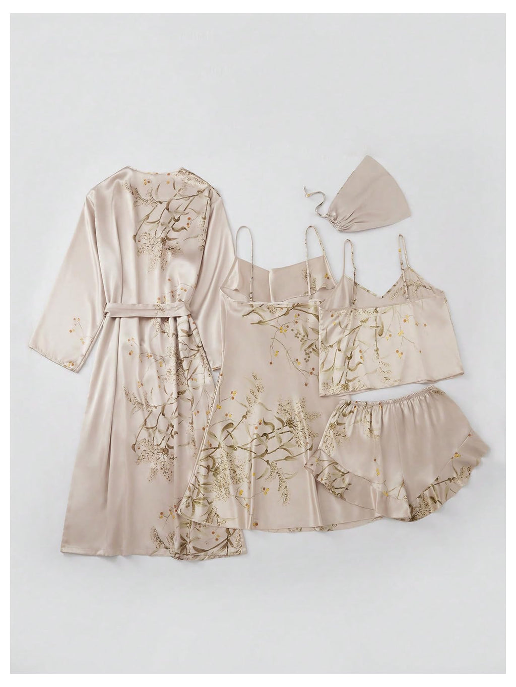GORGLITTER Women's 5 Piece Floral Print Satin Pajama Set Nightgown Robe Cami Shorts Sleepwear with Storage Bag