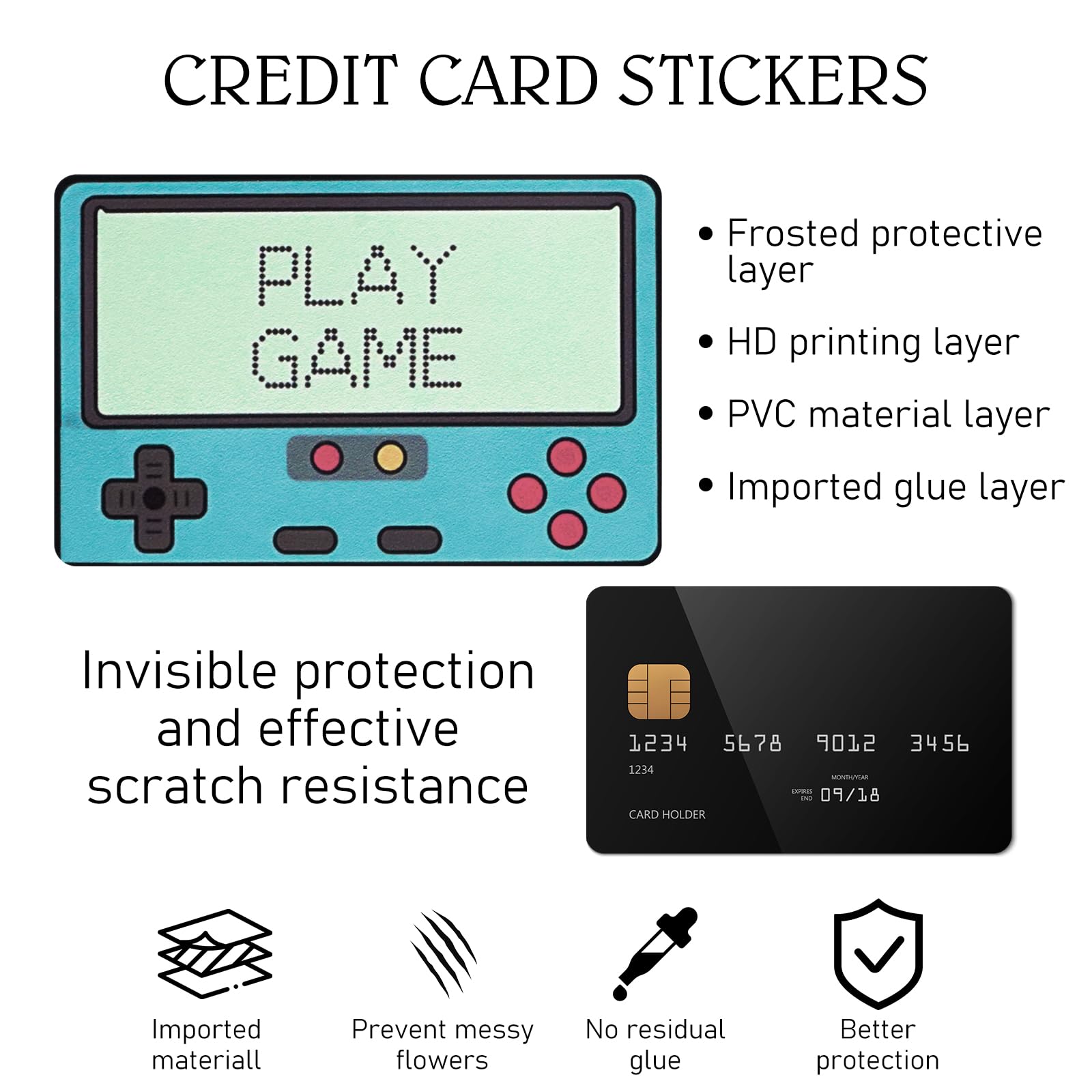 4PCS Credit Card Skin Set, Waterproof Debit Card Sticker Game Machine Theme Bank Card Sticker Skins - Black