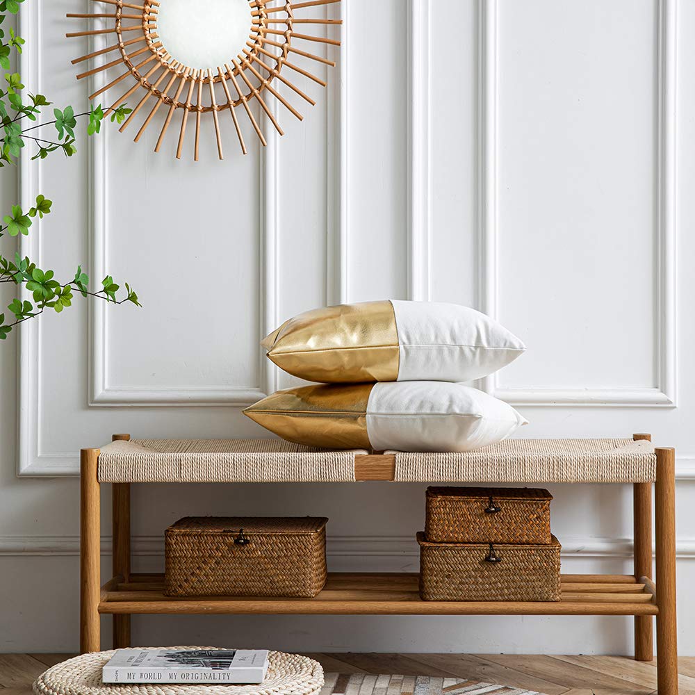 DEZENE Leather Throw Pillow Covers, Set of 2 Modern Leather/Cotton Decorative Pillowcases for Home Decor Bedroom Living Room Couch Bed Sofa, 18x18 Inch, Cognac-Brown and White