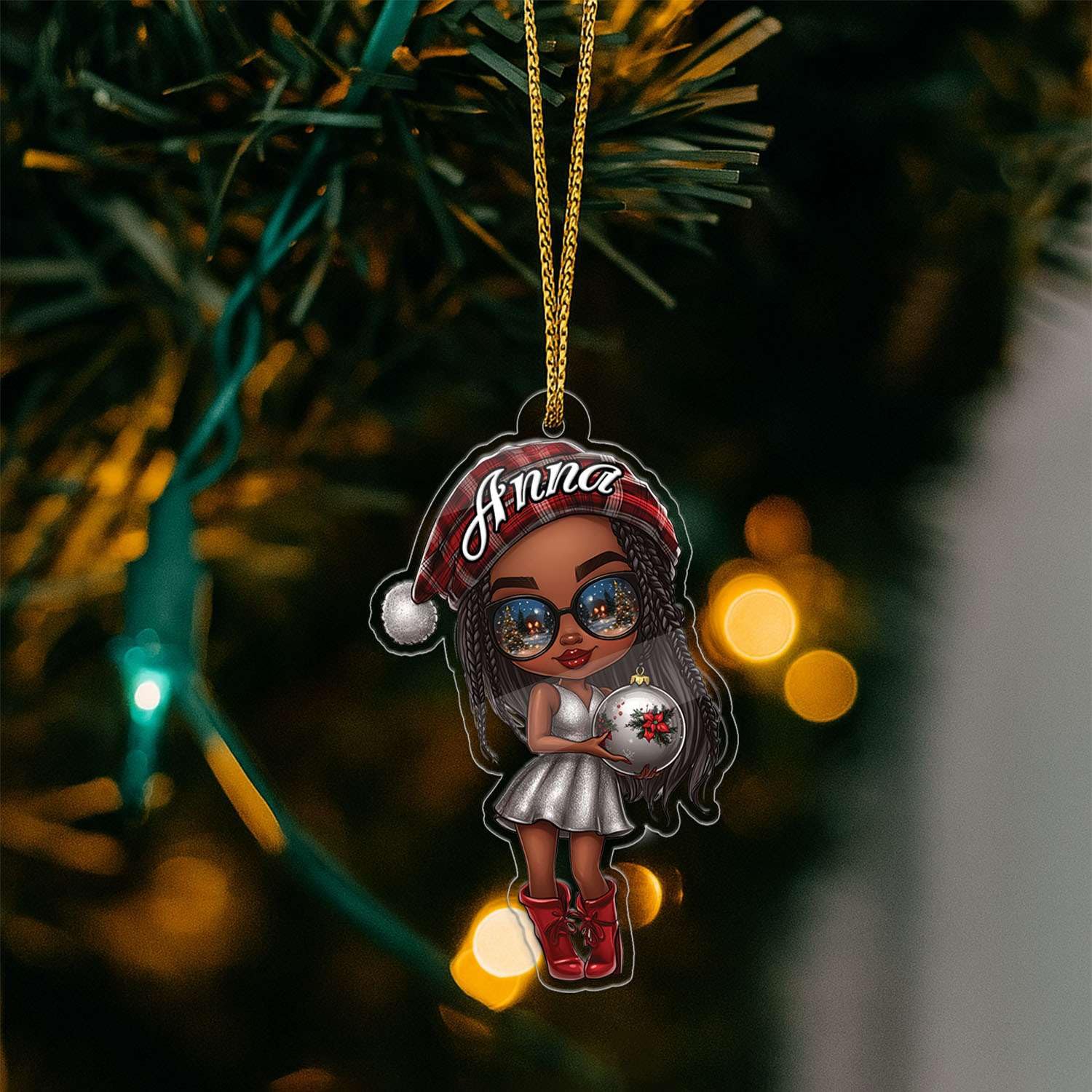 2D Acrylic Christmas Elf Shaped Ornament with Gift Box, Personalized Name Holiday Keepsake, Cute Ornament for Kids Room, Custom Name African-Inspired Decoration, Gifts for Boys