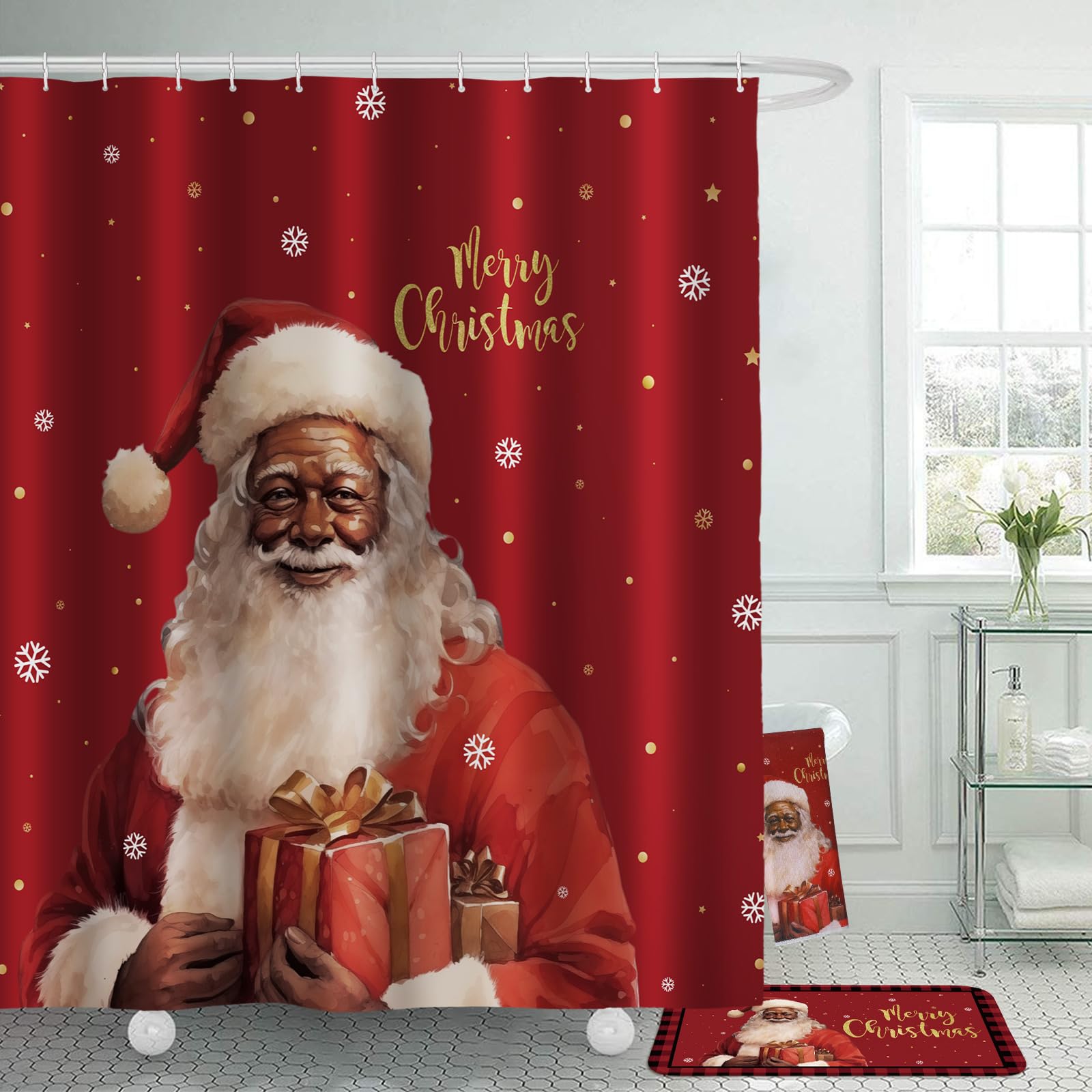 Honoson 8 Pcs Christmas Black Santa Claus Shower Curtain Set with Rugs and Kitchen Towels African American Retro Christmas Bathroom Decor Black Santa Curtain Decorations Xmas Farmhouse Gifts
