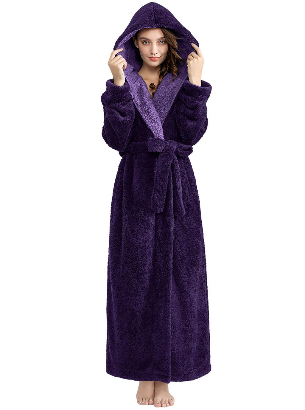 Hellomamma Long Hooded Robe for Women Luxurious Flannel Fleece Full Length Bathrobe Winter Warm Pajamas Shower Nightgown