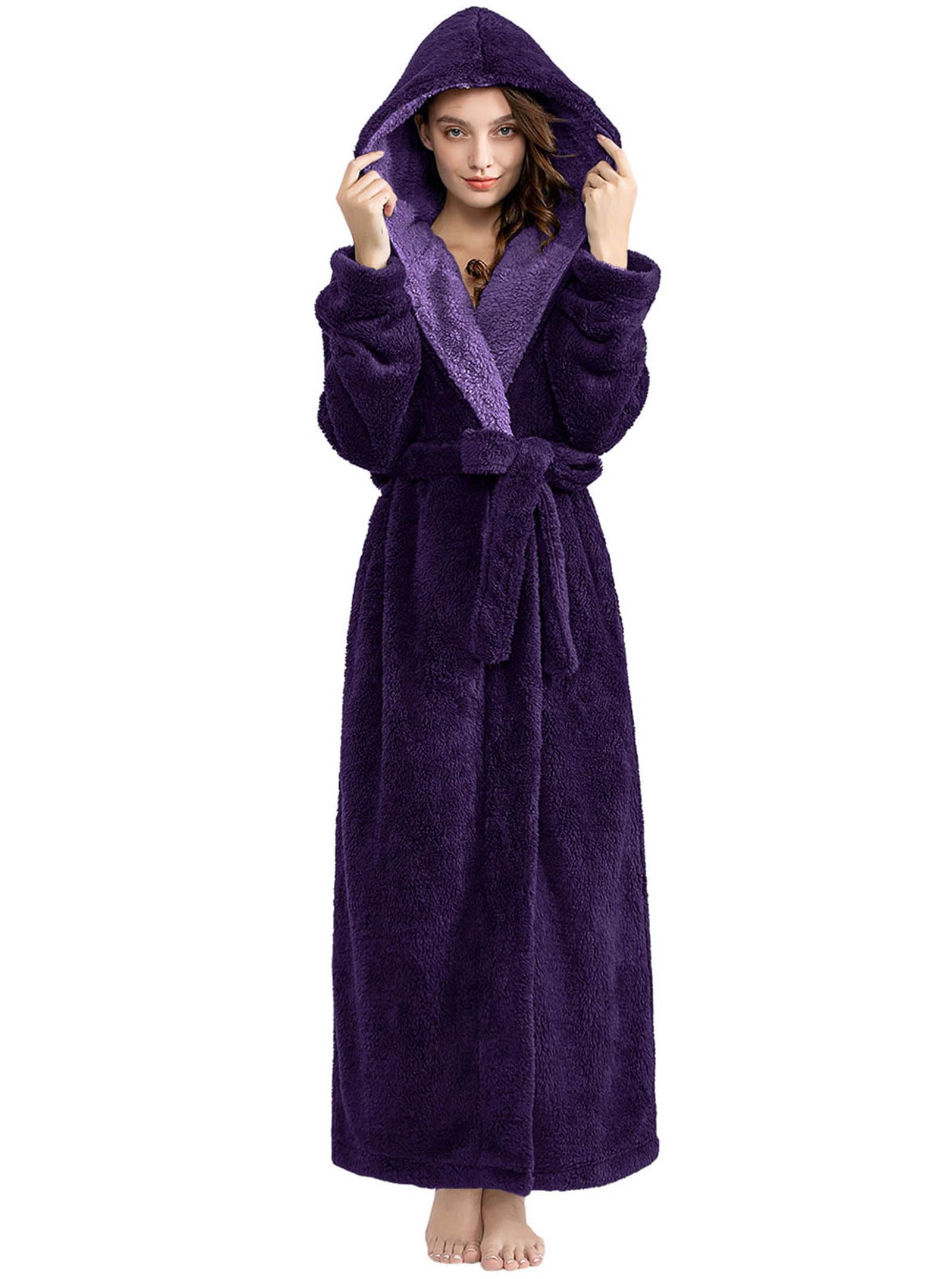 Hellomamma Long Hooded Robe for Women Luxurious Flannel Fleece Full Length Bathrobe Winter Warm Pajamas Shower Nightgown