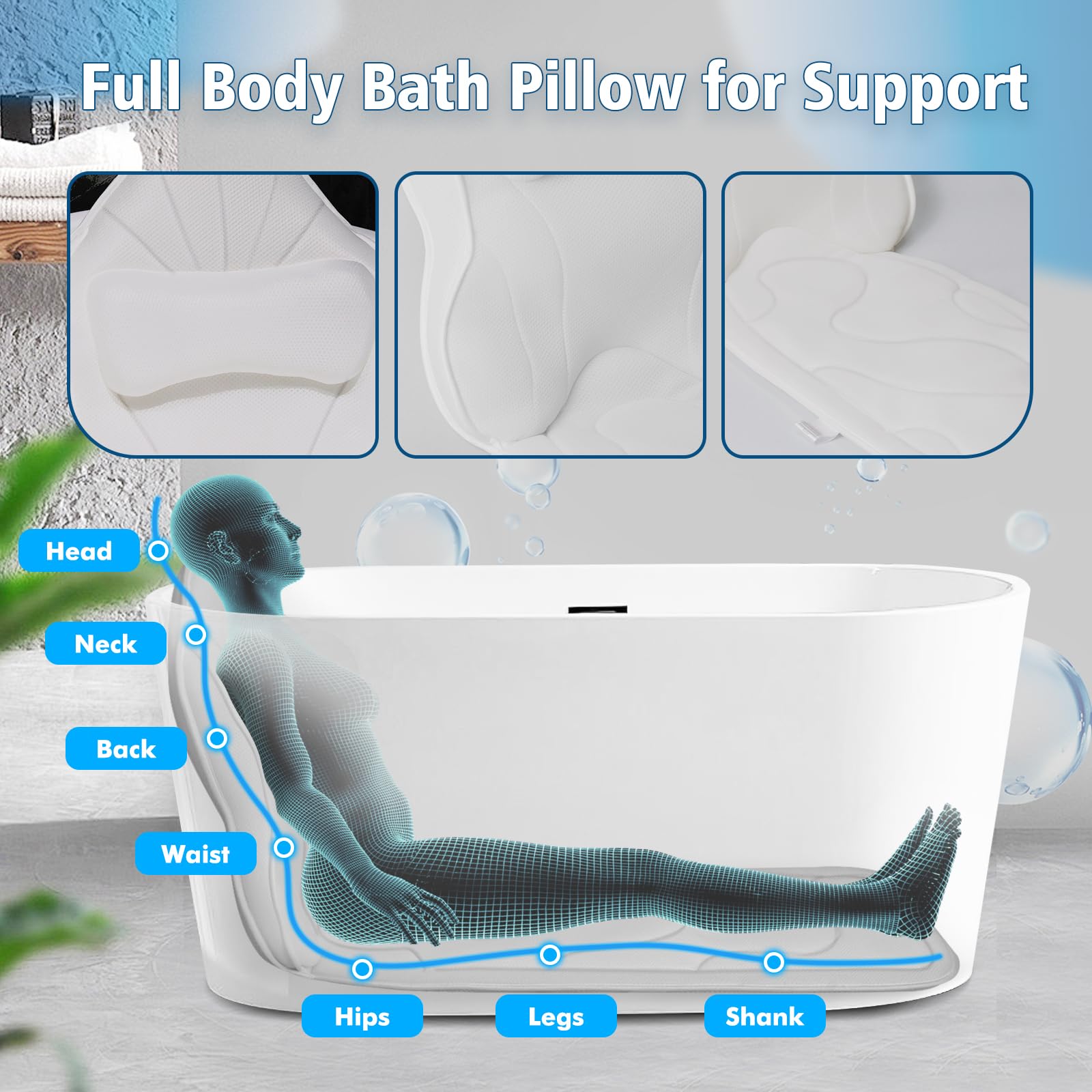 Luxury Thick Full Body Bath Pillows Mat & Cushion for Bathtub Headrest Neck Shoulder Support Comfort Relaxation Spa Accessories Perfect for a Spa Soak in Bathtub (Gray)
