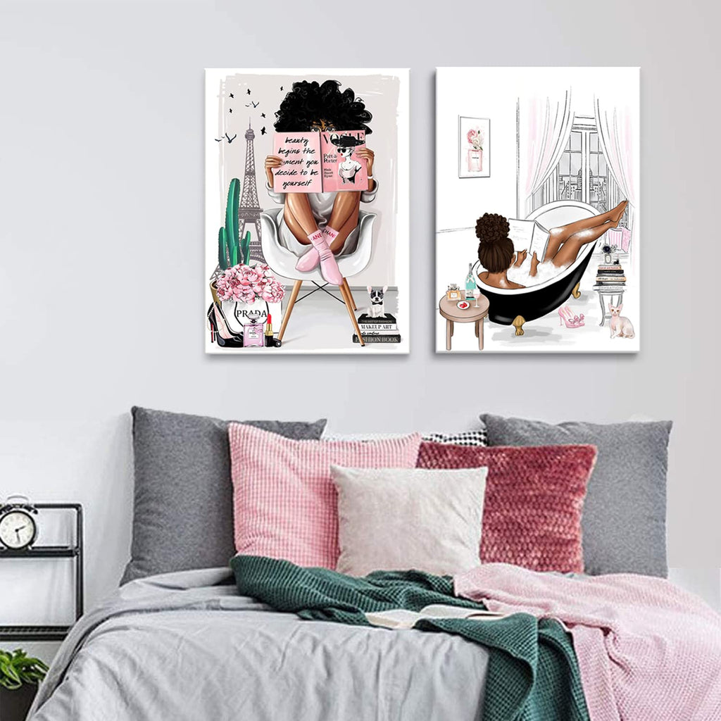 2 Pieces Framed African American Wall Art Modern Fashion Paris Pink White Afro Black Girls Women Canvas Wall Decor Pictures Posters Prints Artwork for Bathroom Living Room Bedroom Home Decoration